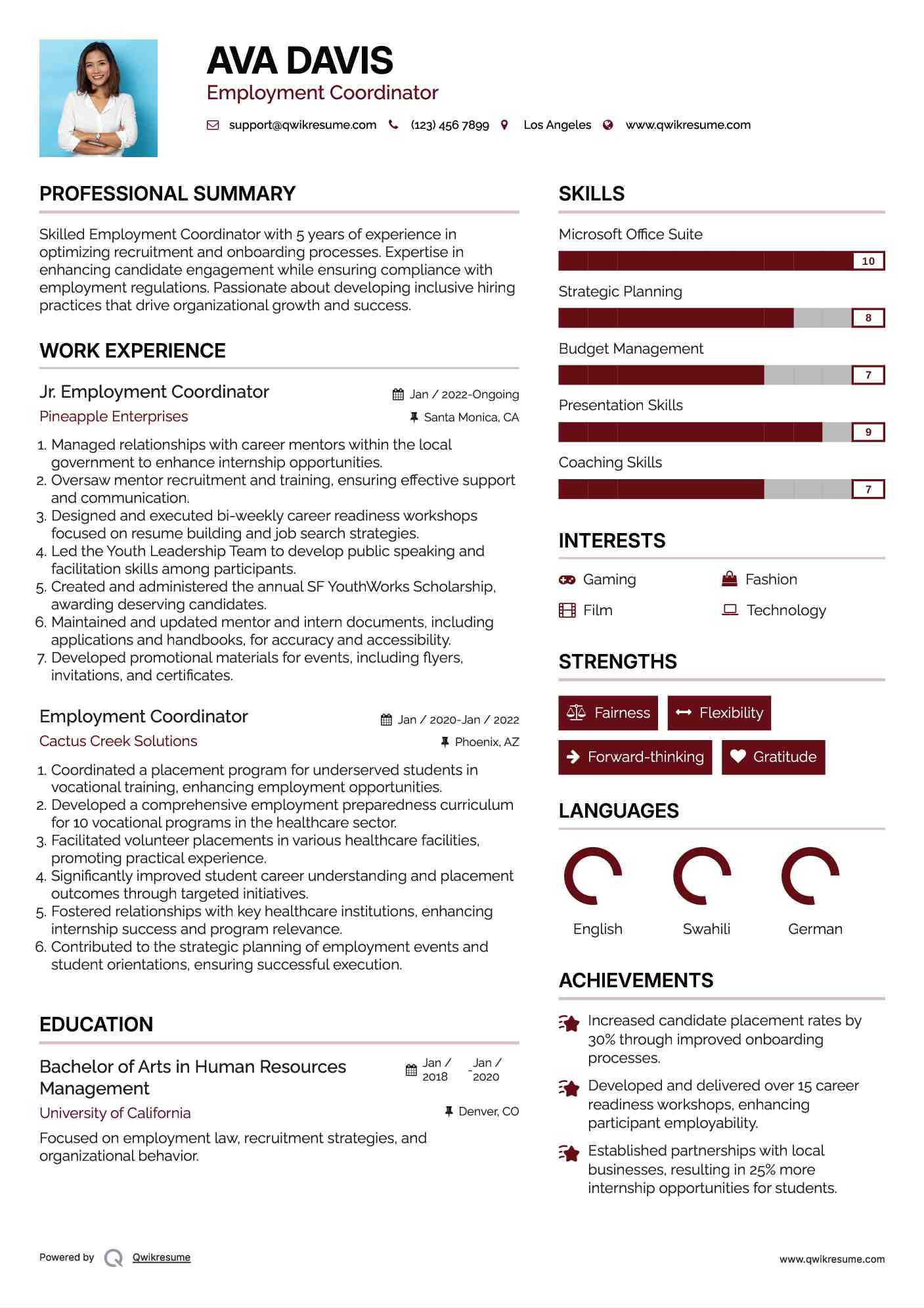 Jr. Employment Coordinator Resume Format