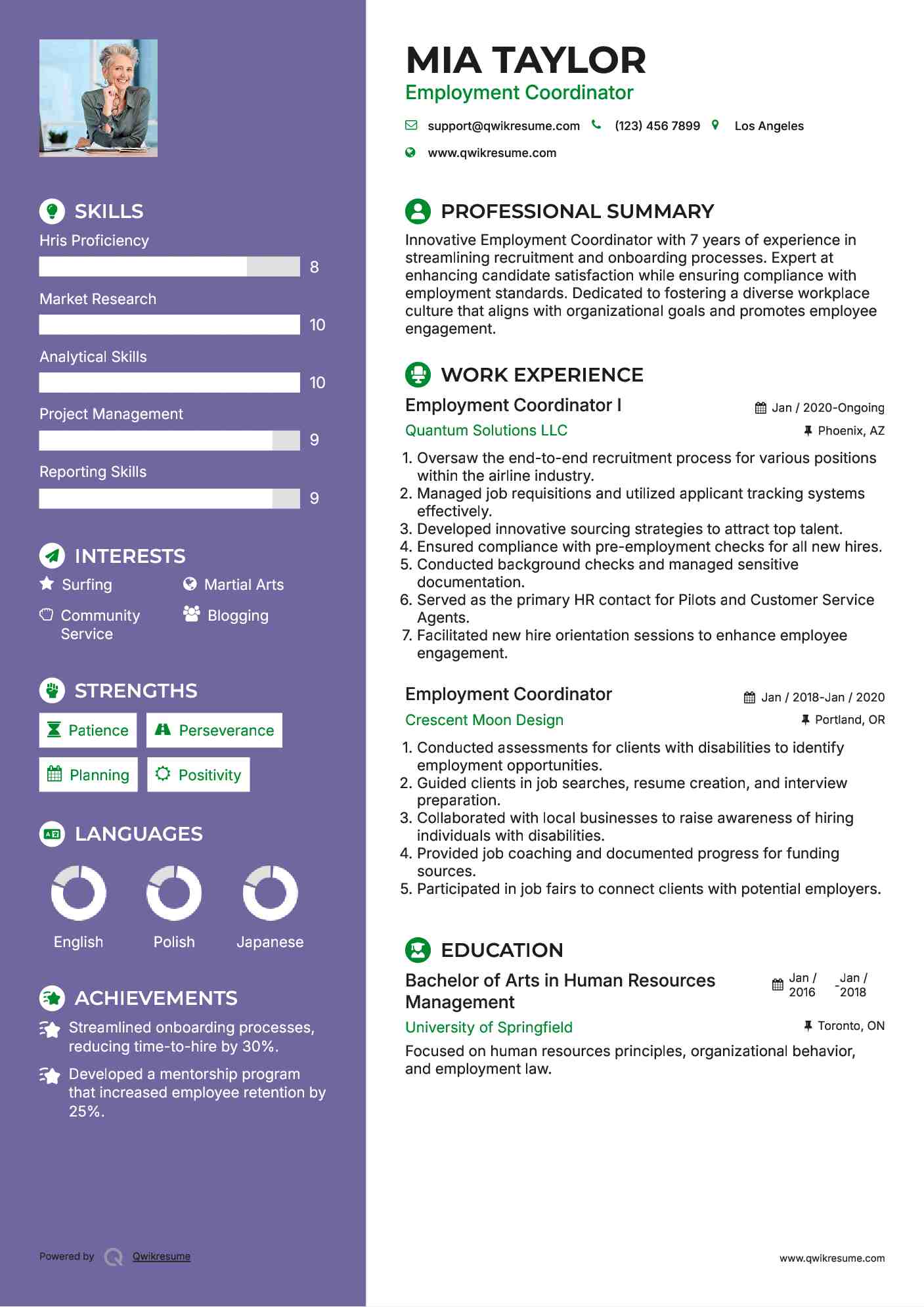 Employment Coordinator I Resume Example