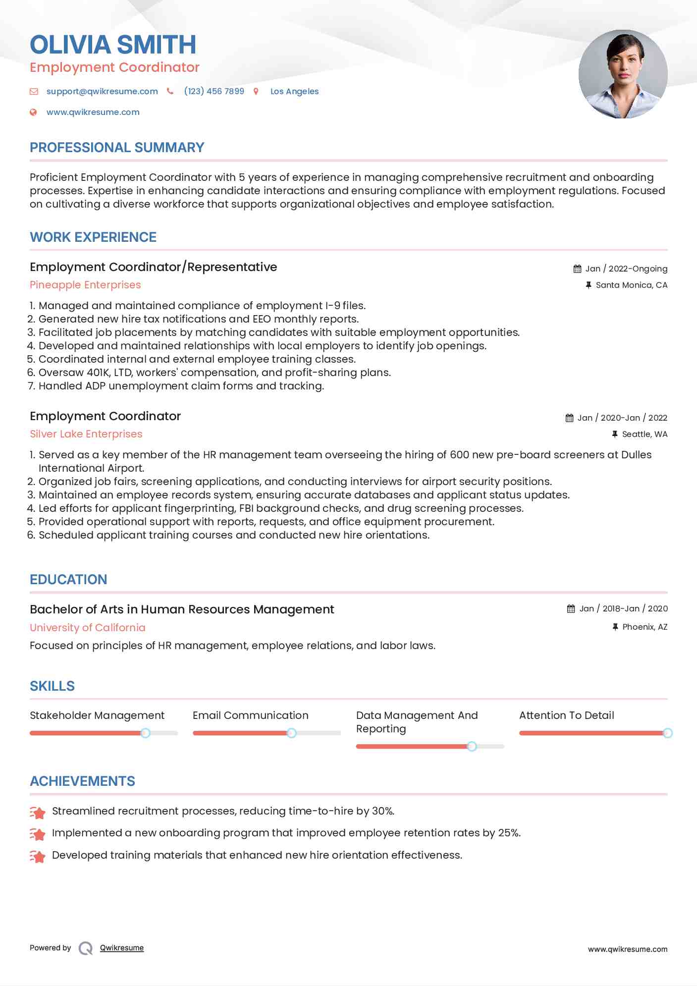 Employment Coordinator/Representative Resume Example