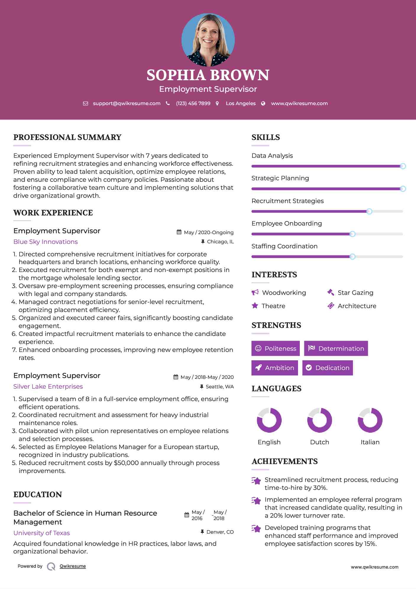 Employment Supervisor Resume Model