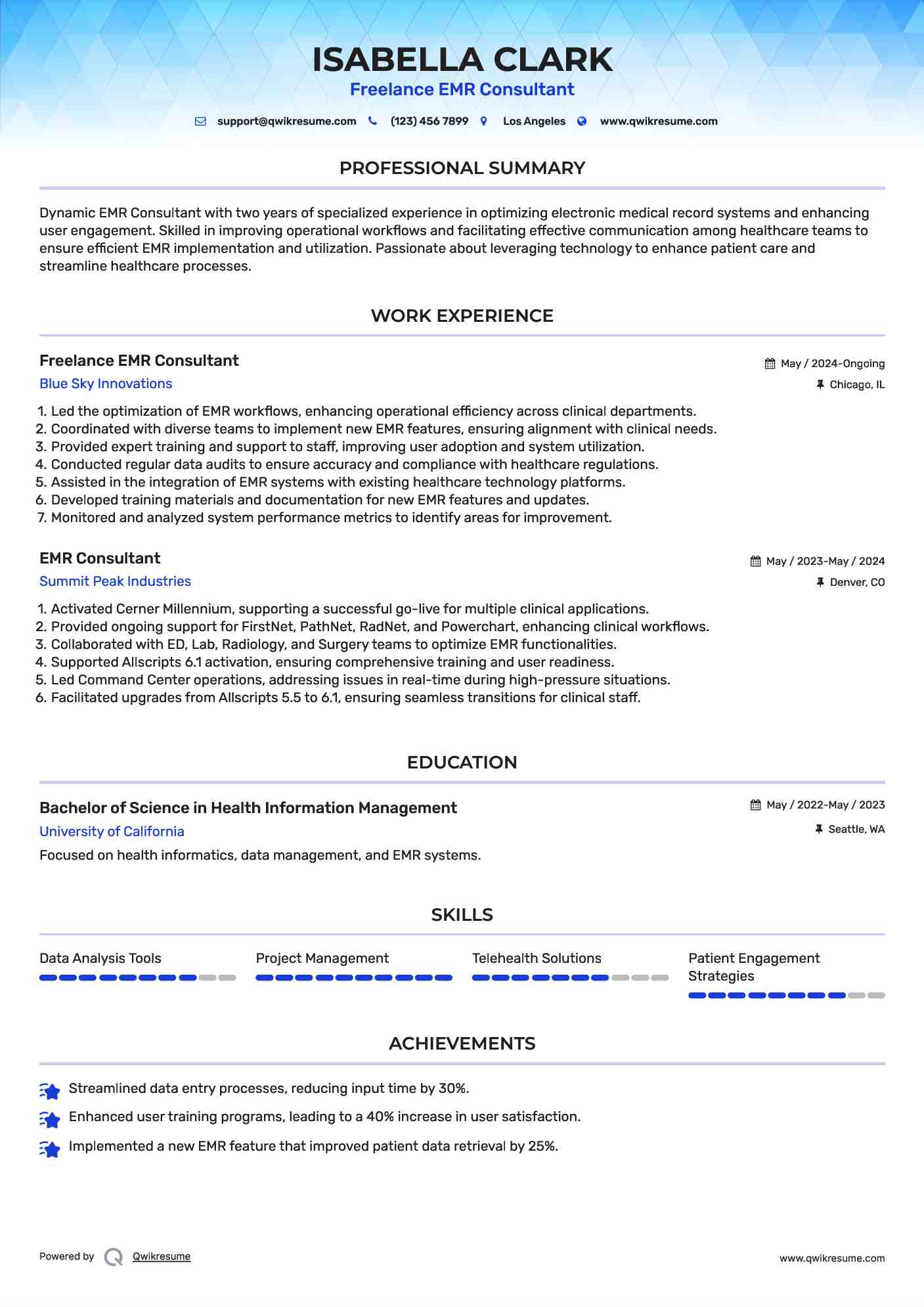 Freelance EMR Consultant Resume Sample
