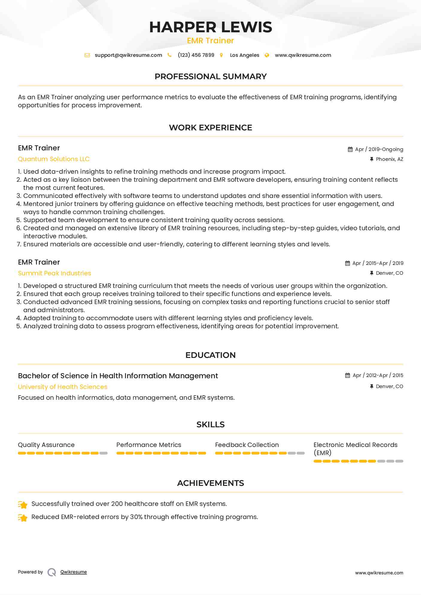 EMR Trainer Resume Format