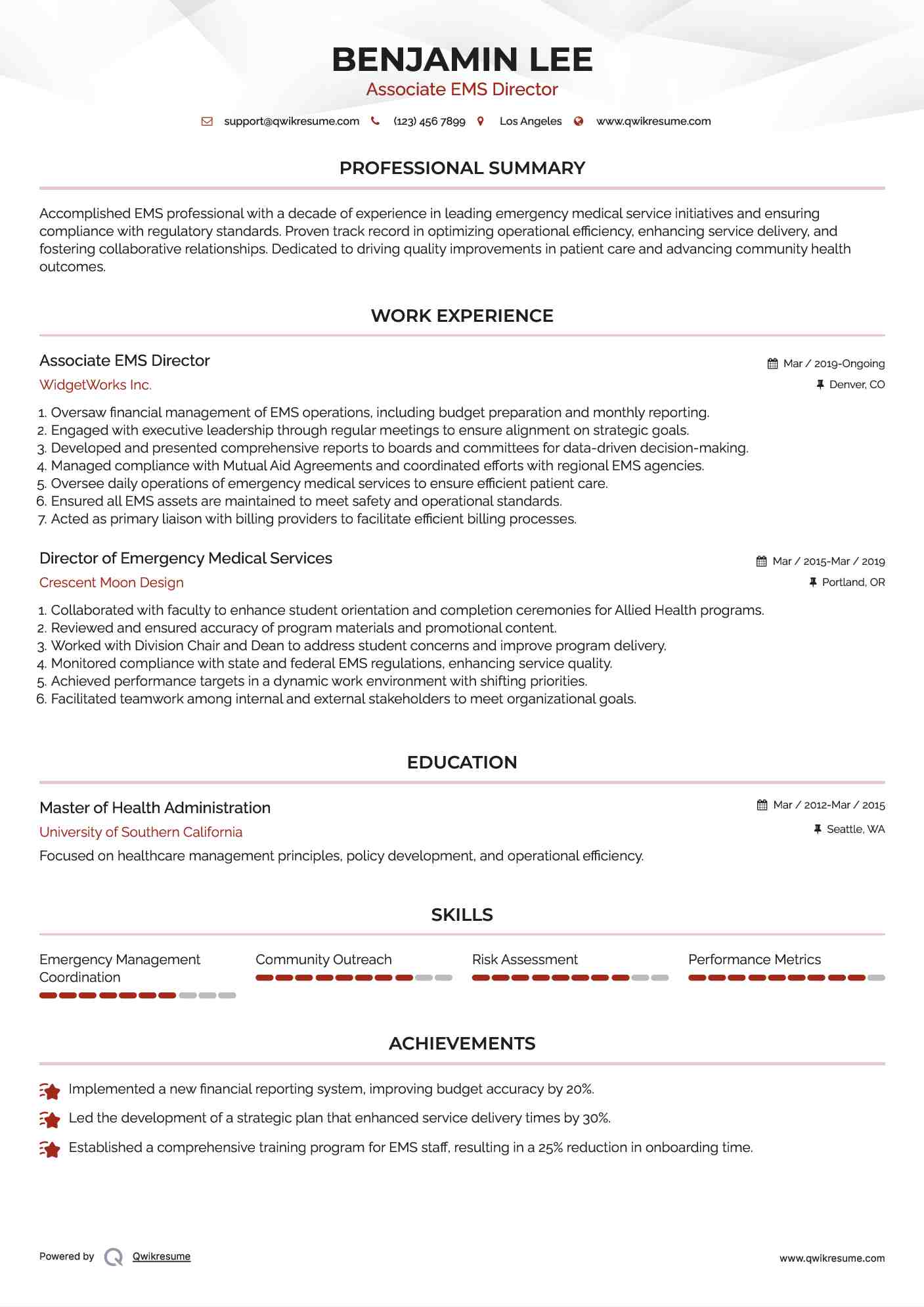 Associate EMS Director Resume Format