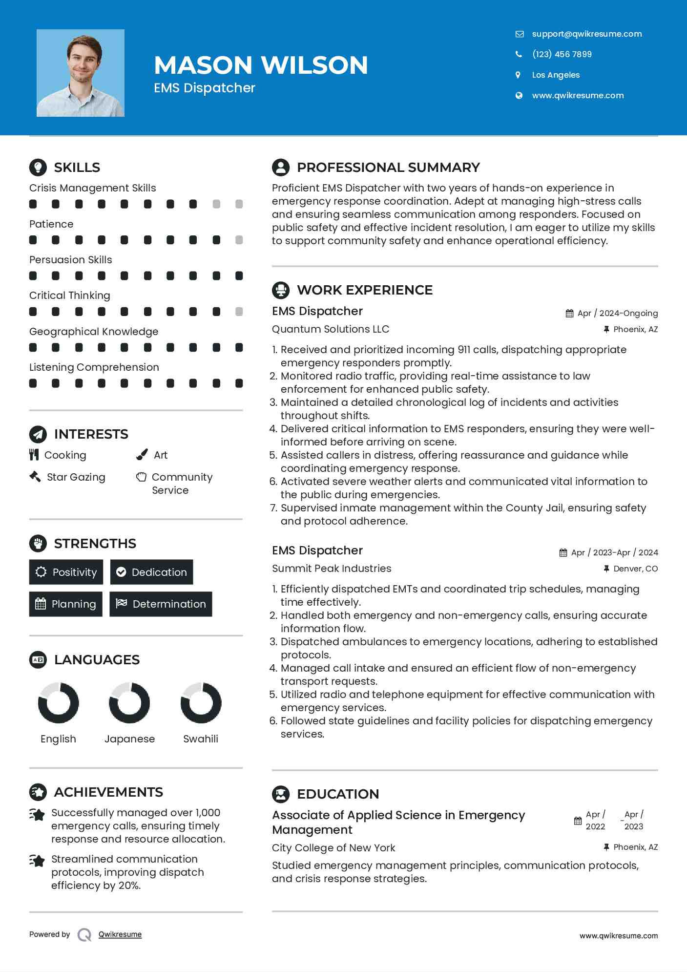 EMS Dispatcher Resume Example