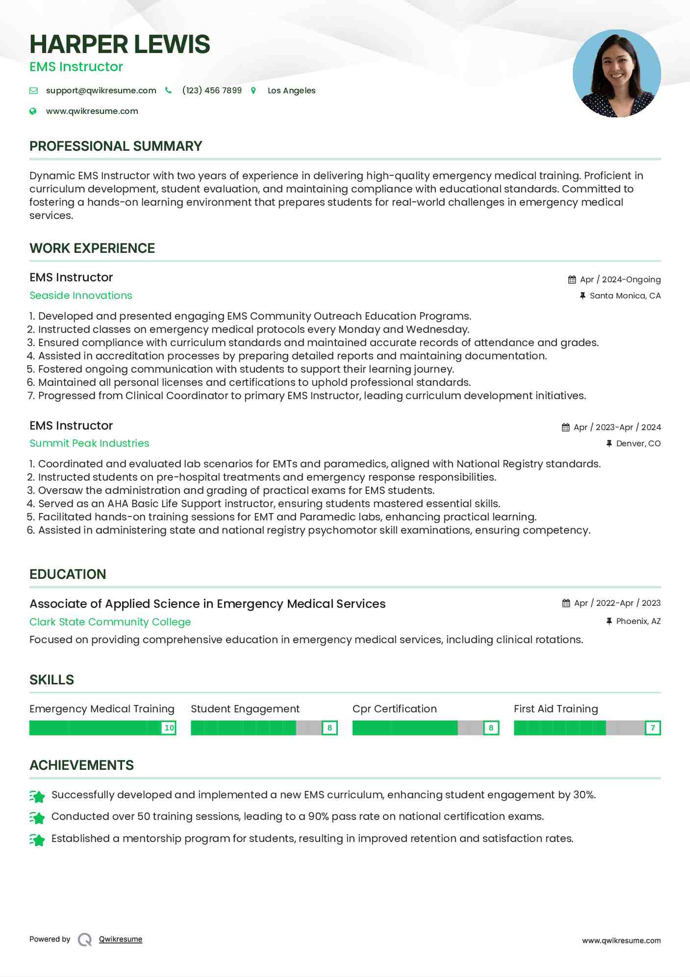 EMS Instructor Resume Sample