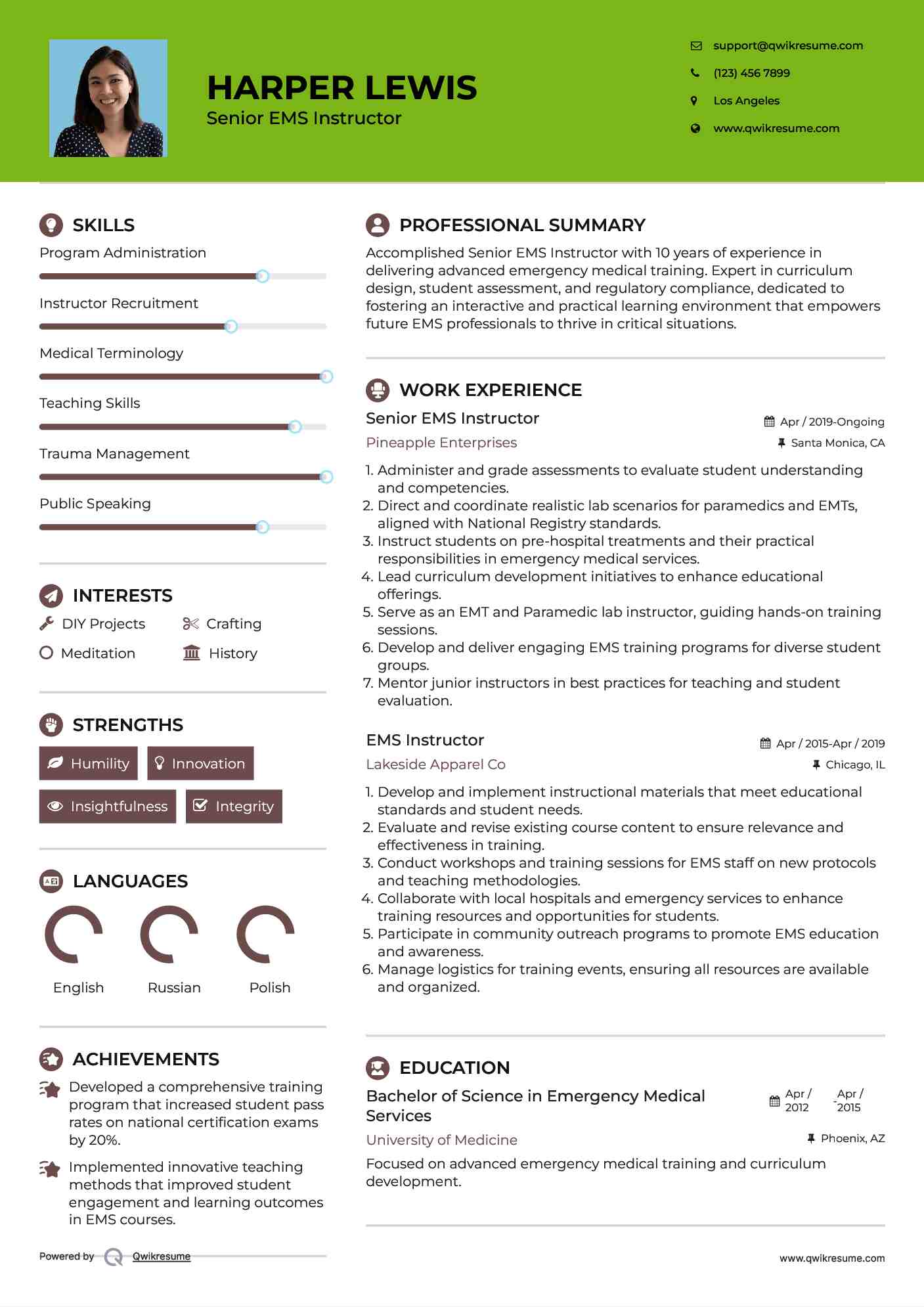 Senior EMS Instructor Resume Model