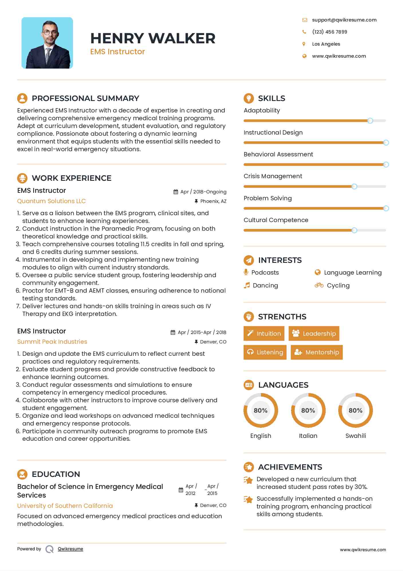EMS Instructor Resume Model