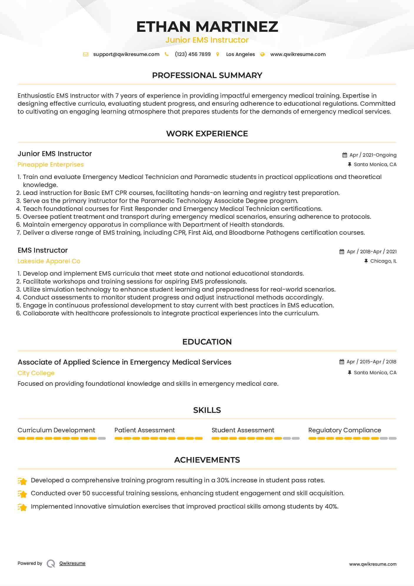 Junior EMS Instructor Resume Sample