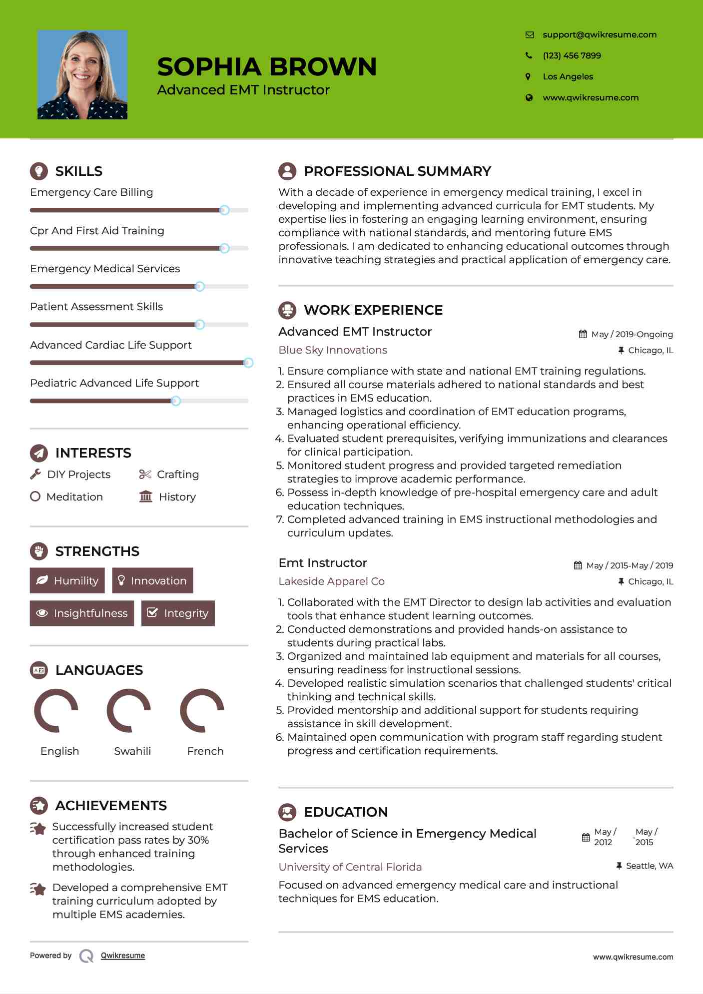 Advanced EMT Instructor Resume Template