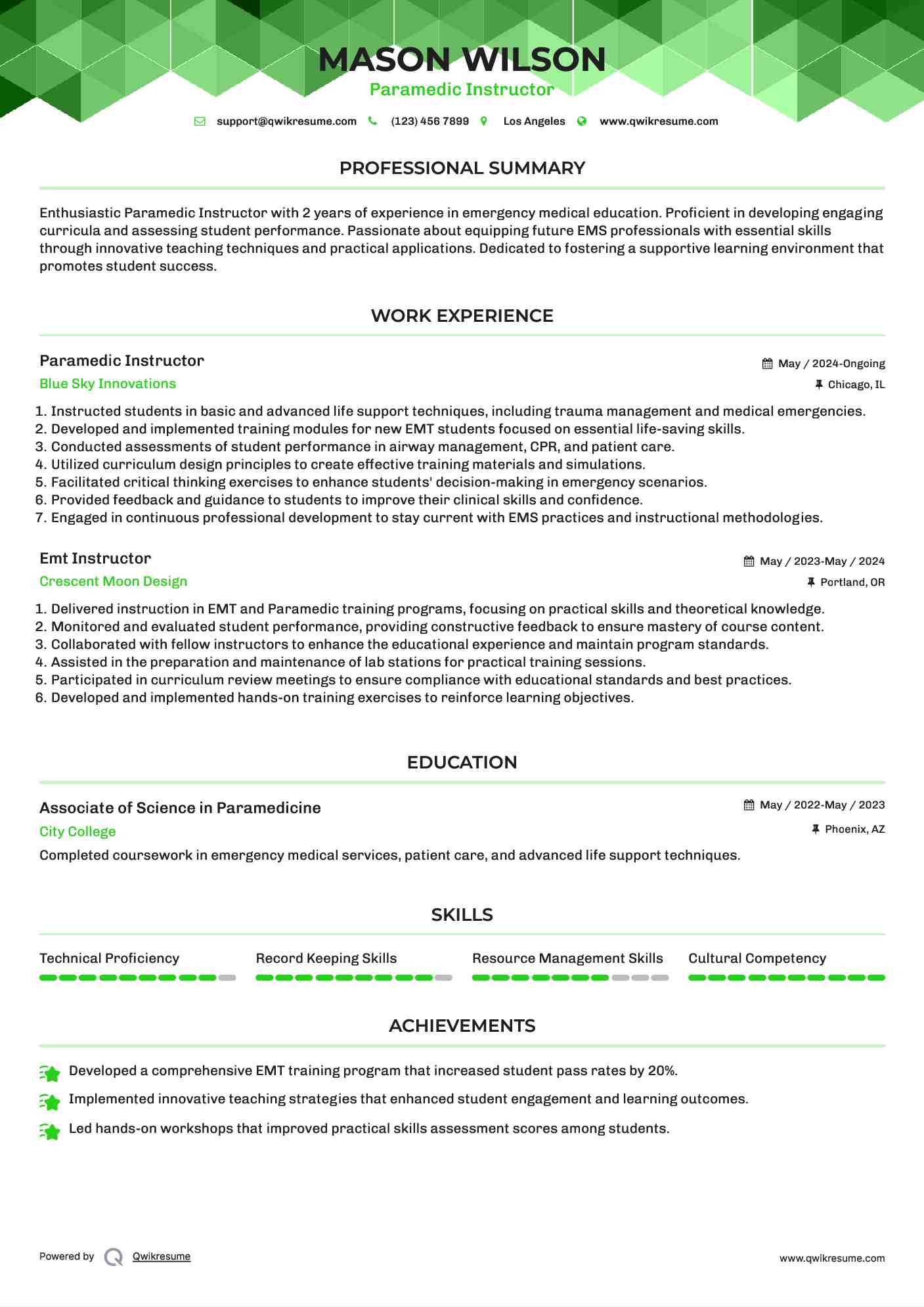 Paramedic Instructor Resume Model