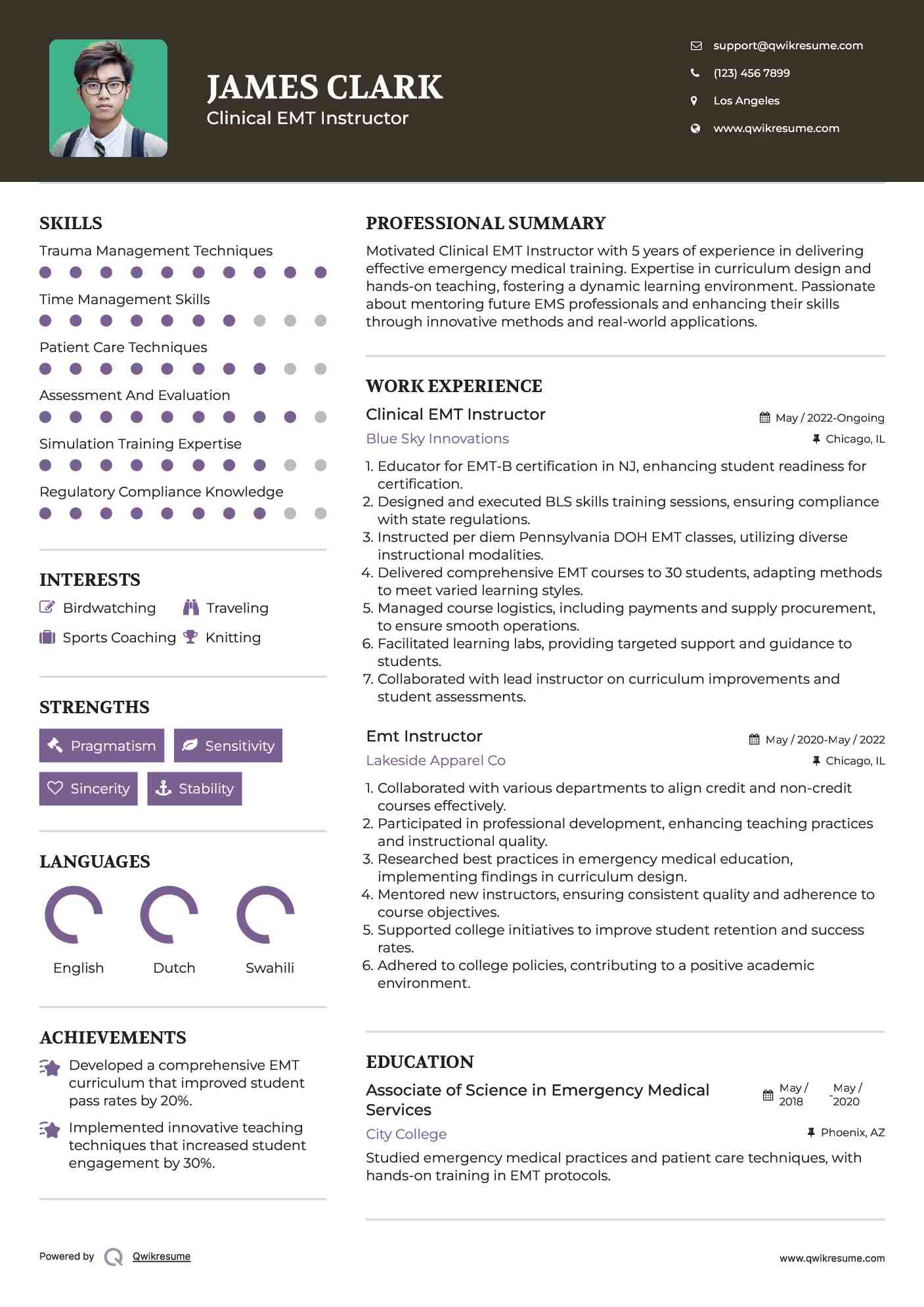 Clinical EMT Instructor Resume Sample