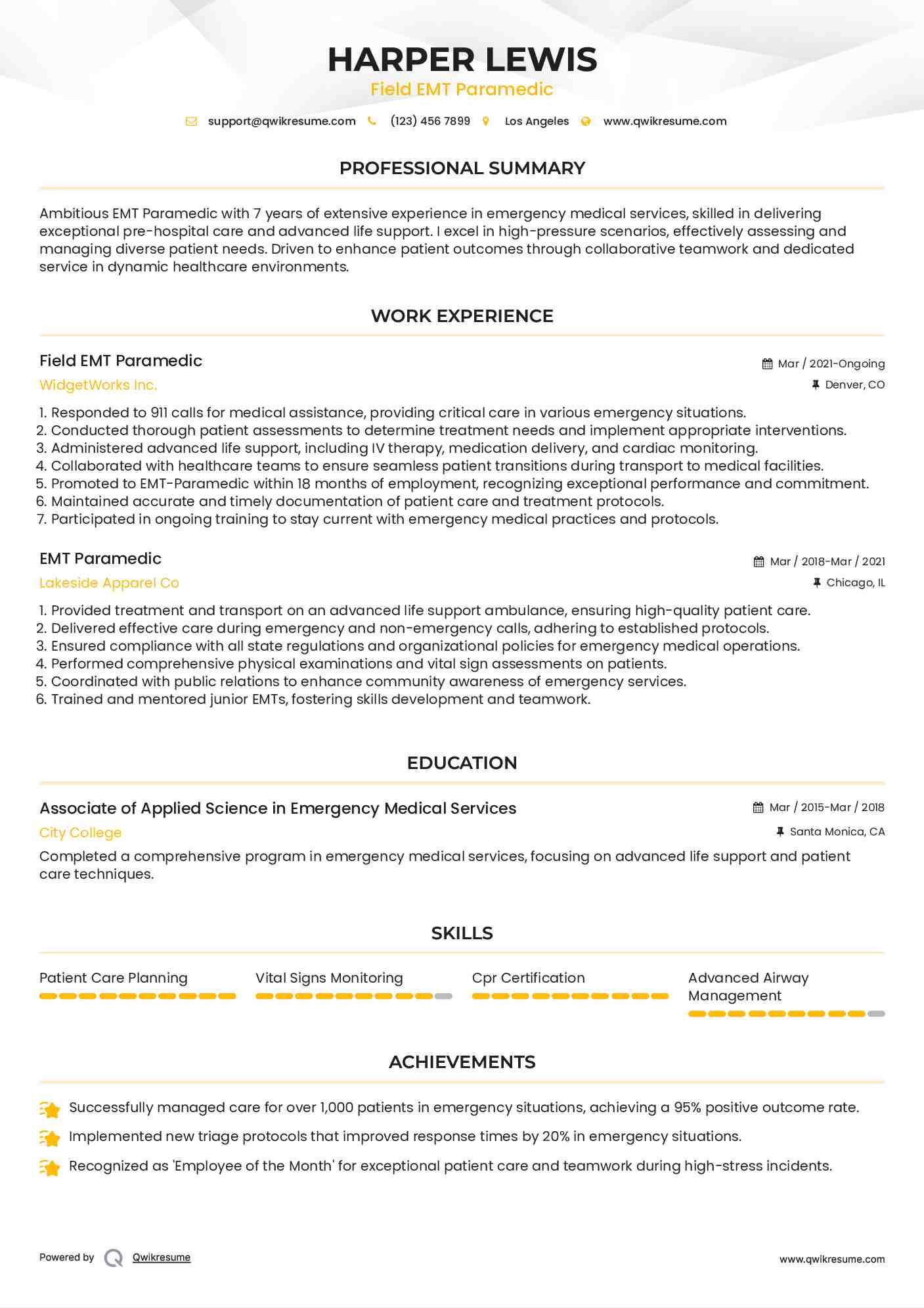 Field EMT Paramedic Resume Format
