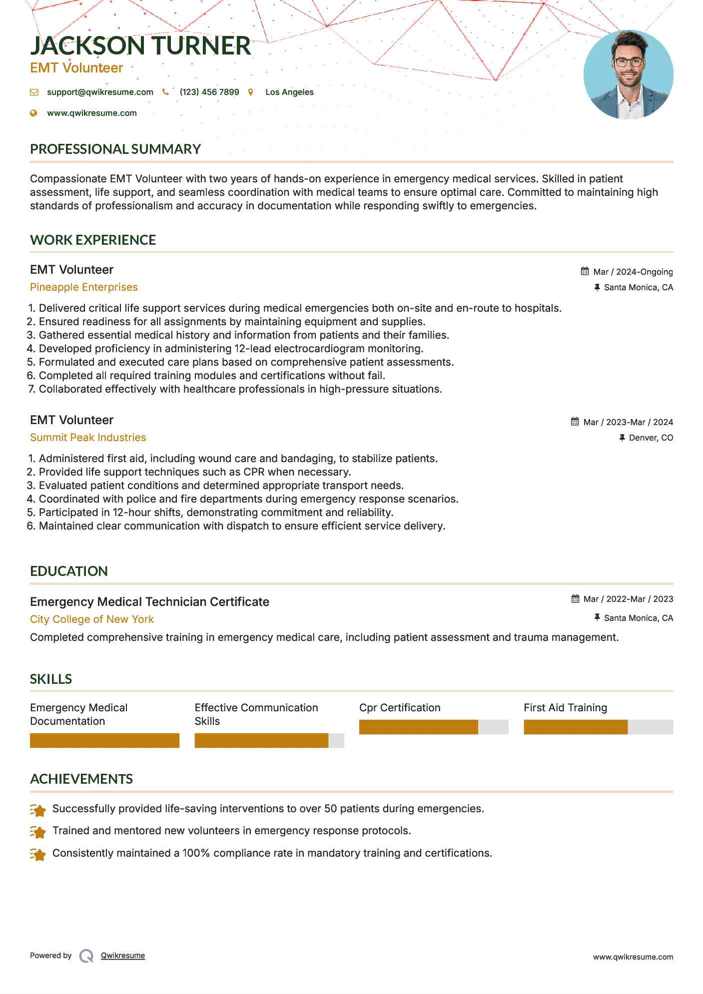 EMT Volunteer Resume Sample