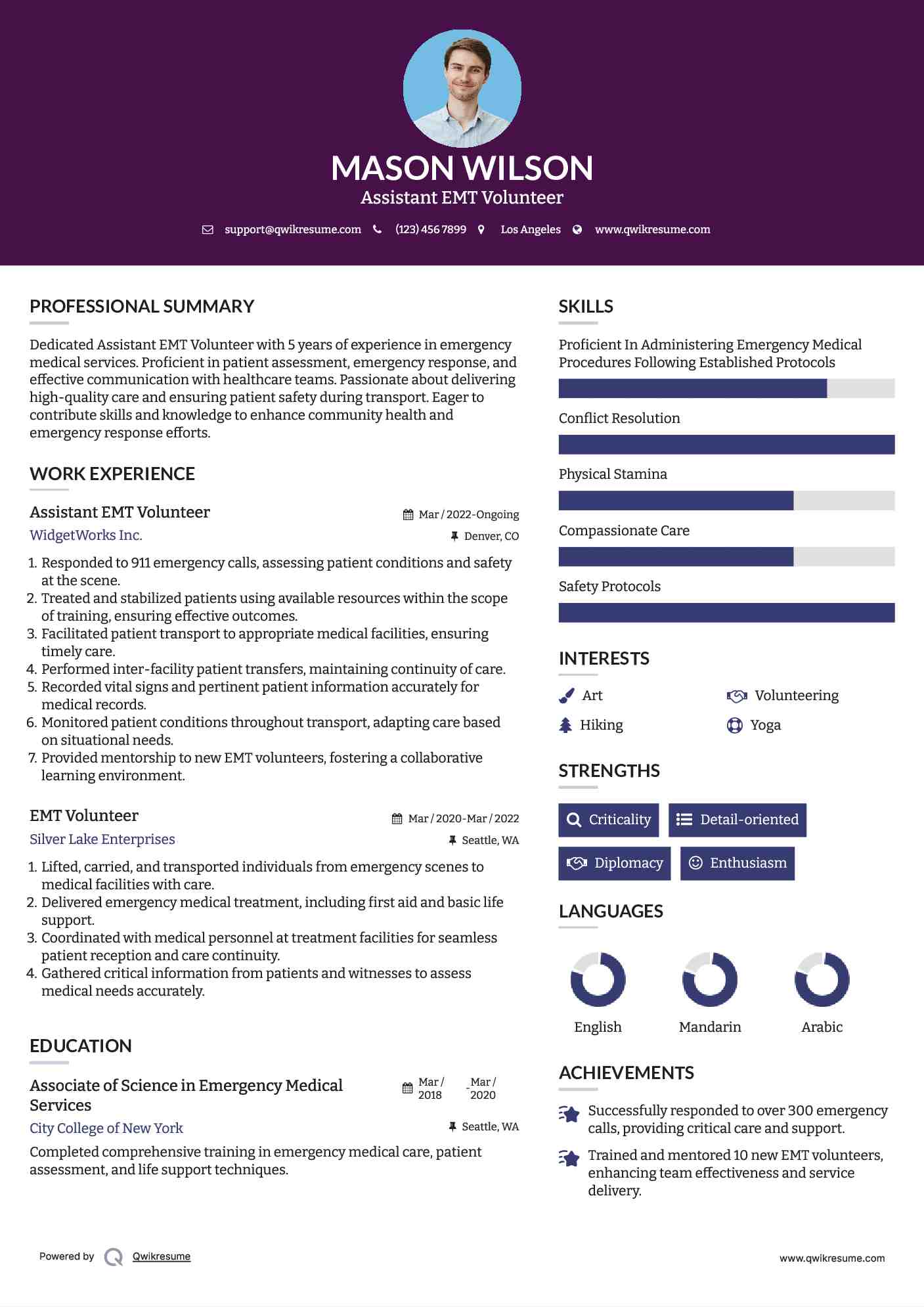 Assistant EMT Volunteer Resume Model