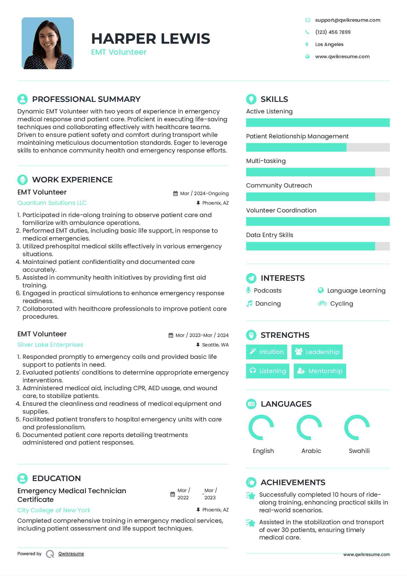 EMT Volunteer Resume Sample