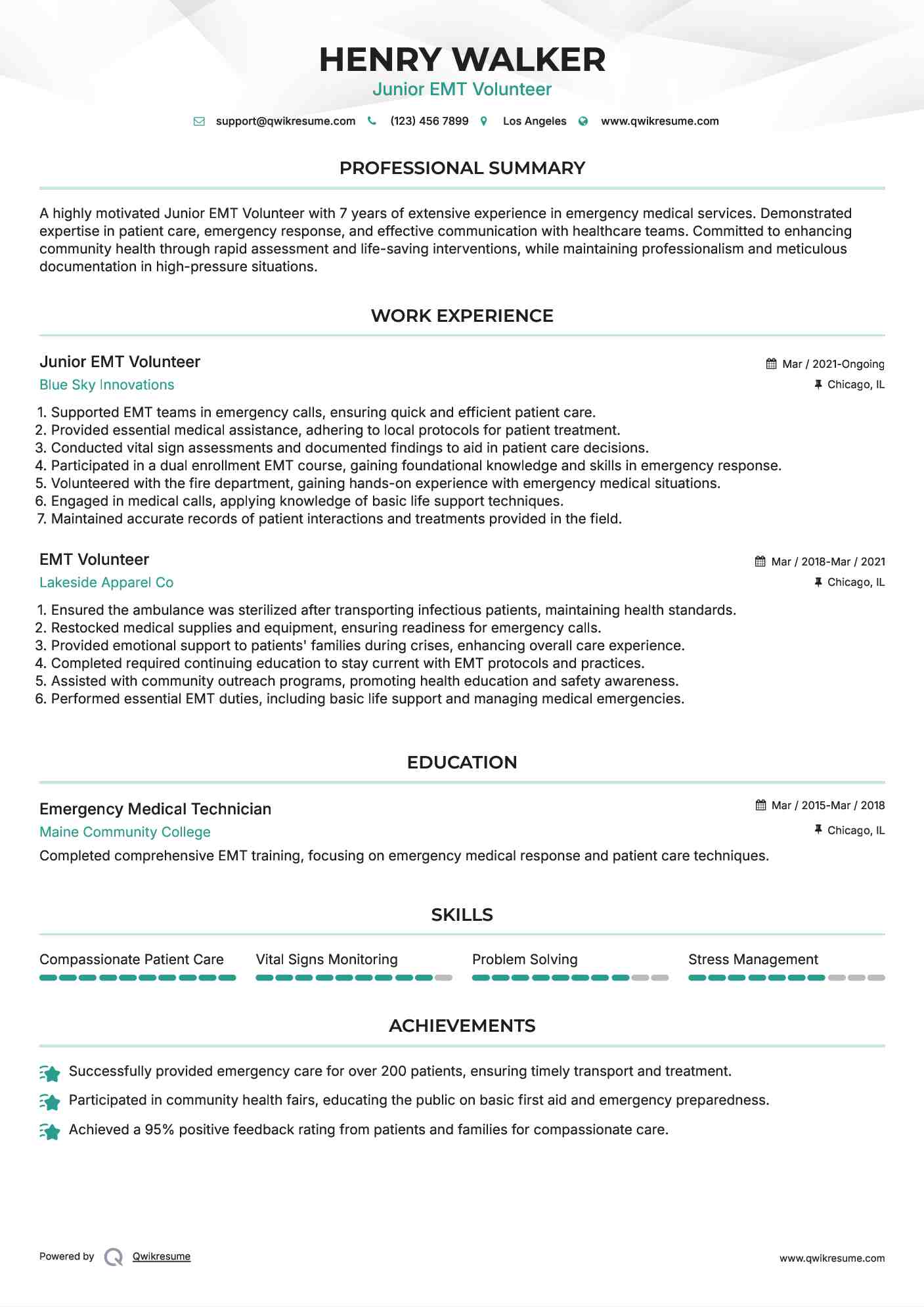 Junior EMT Volunteer Resume Sample