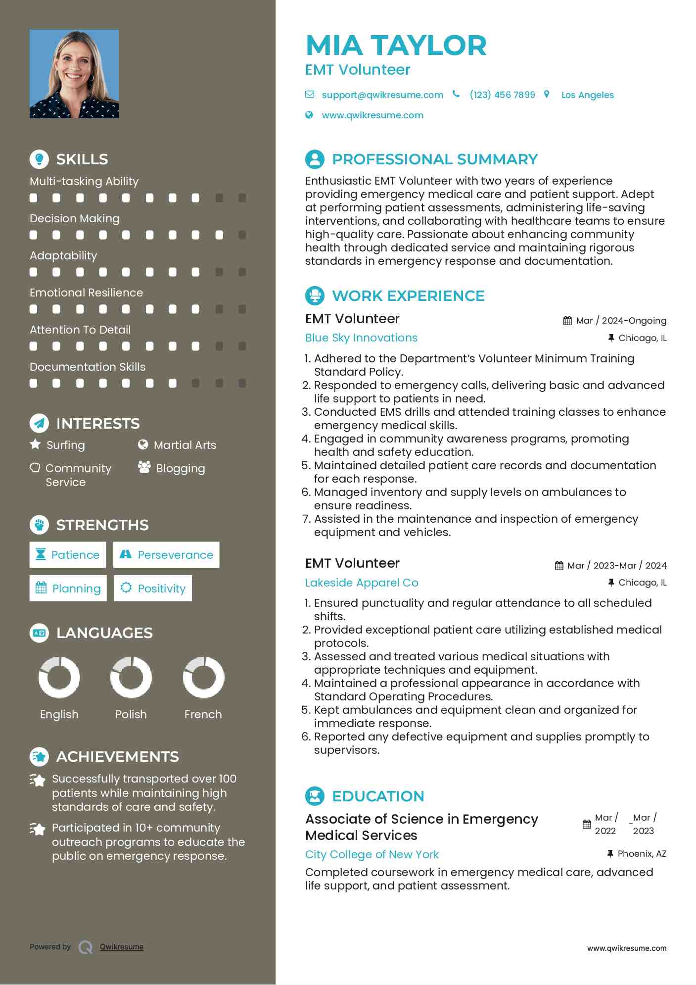 EMT Volunteer Resume Example