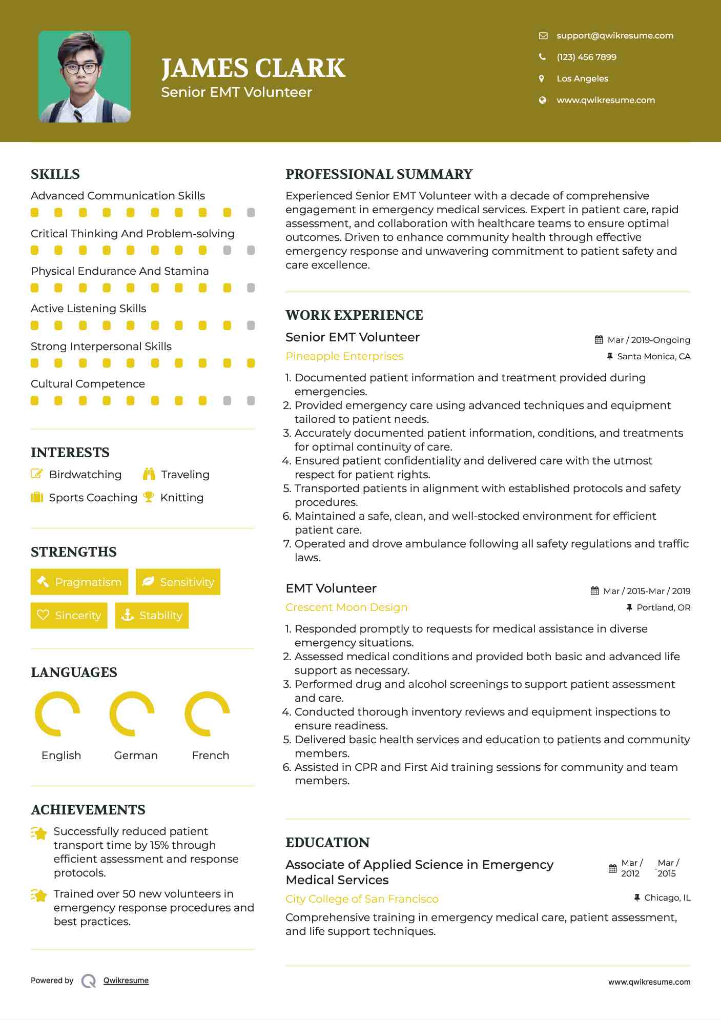 Senior EMT Volunteer Resume Example