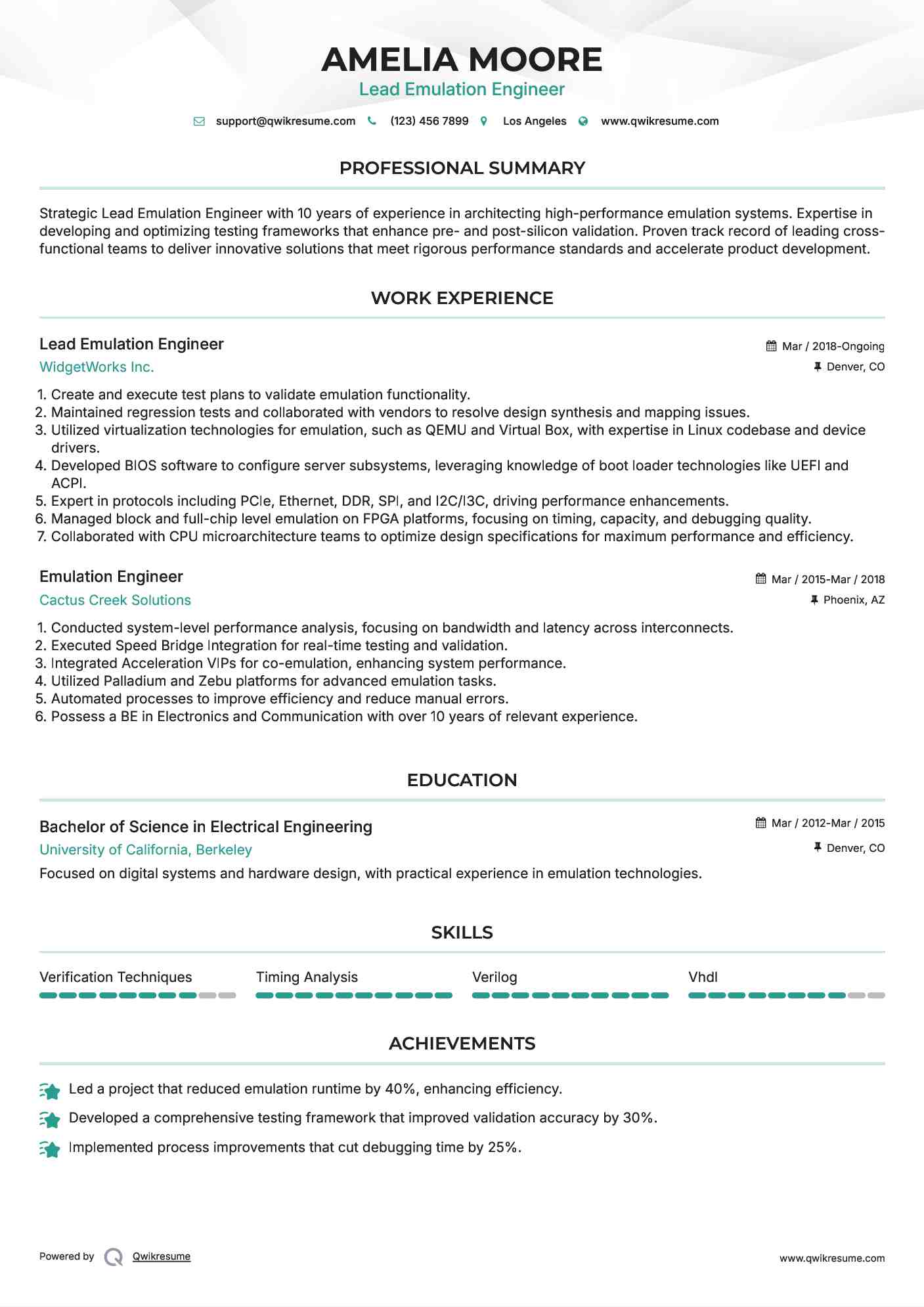 Lead Emulation Engineer Resume Model