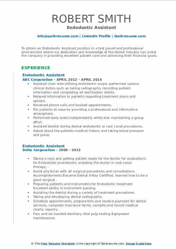 Endodontic Assistant Resume Samples QwikResume
