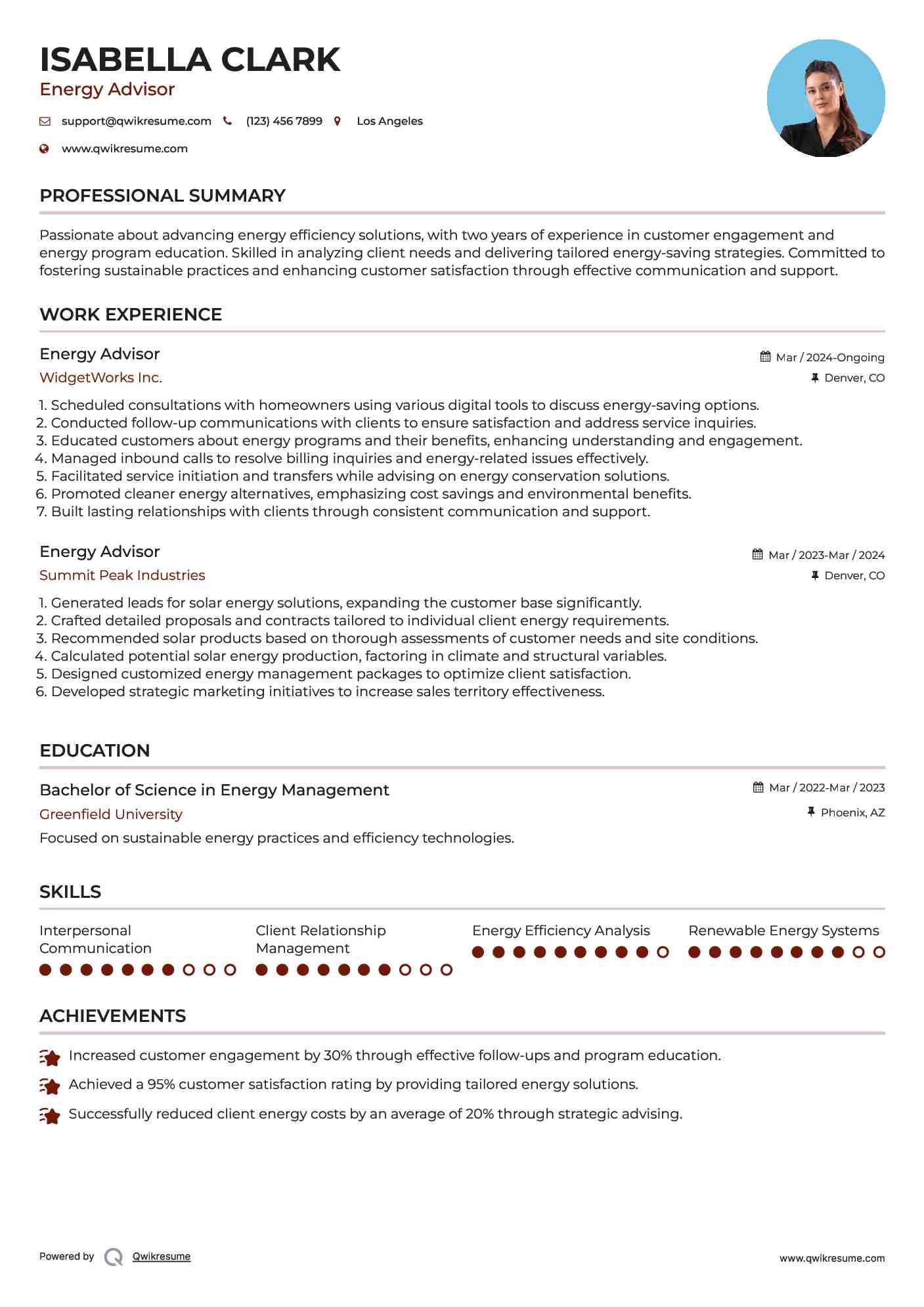Energy Advisor Resume Sample