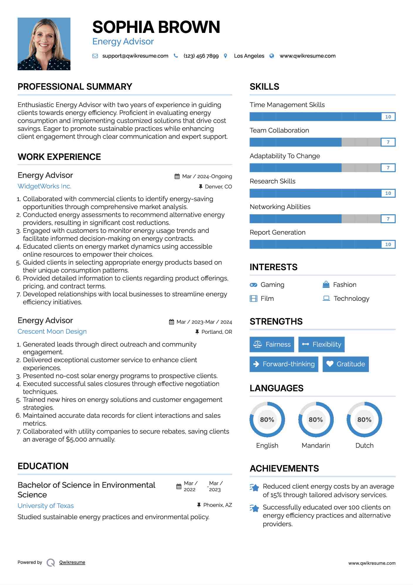 Energy Advisor Resume Sample
