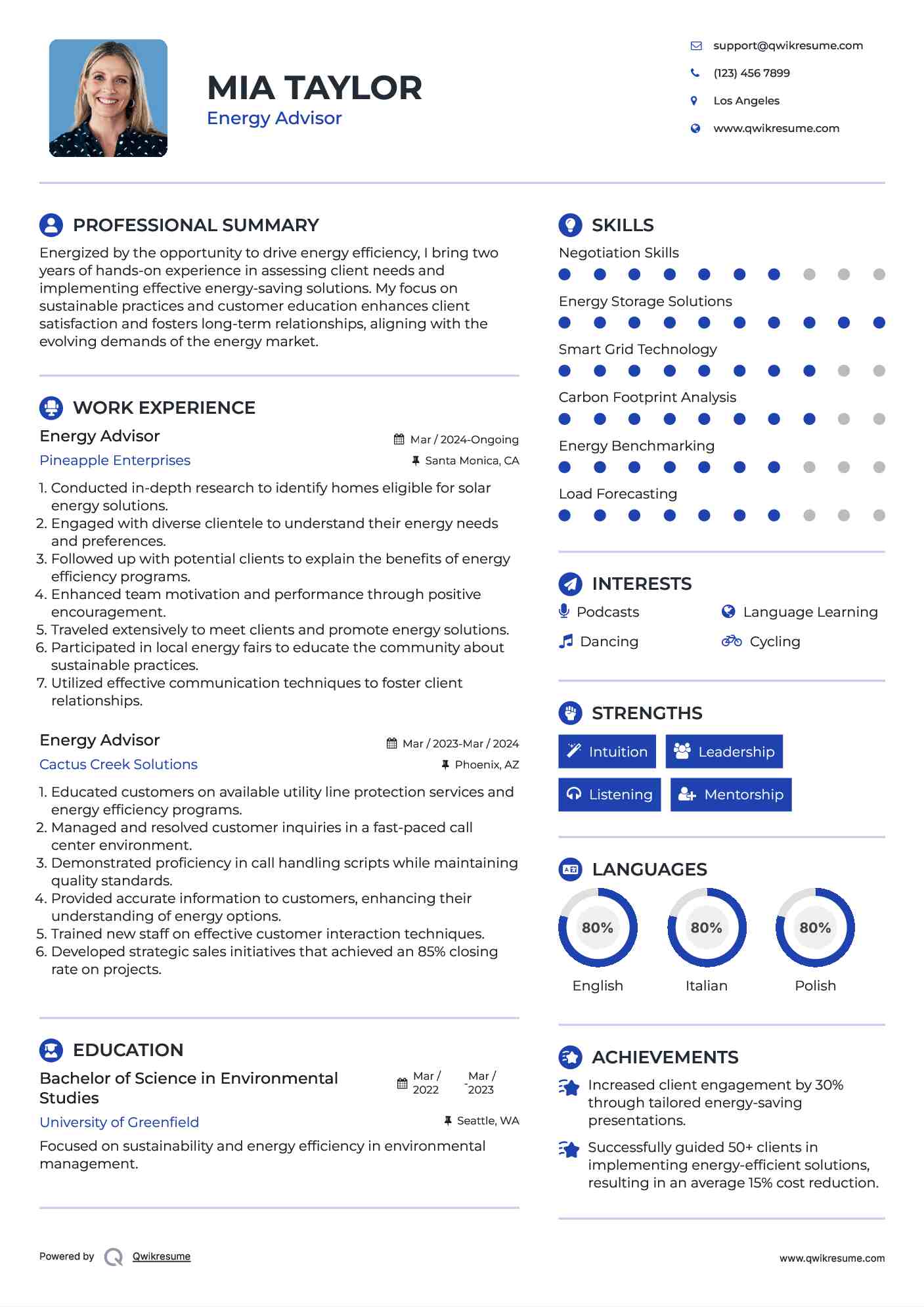Energy Advisor Resume Example