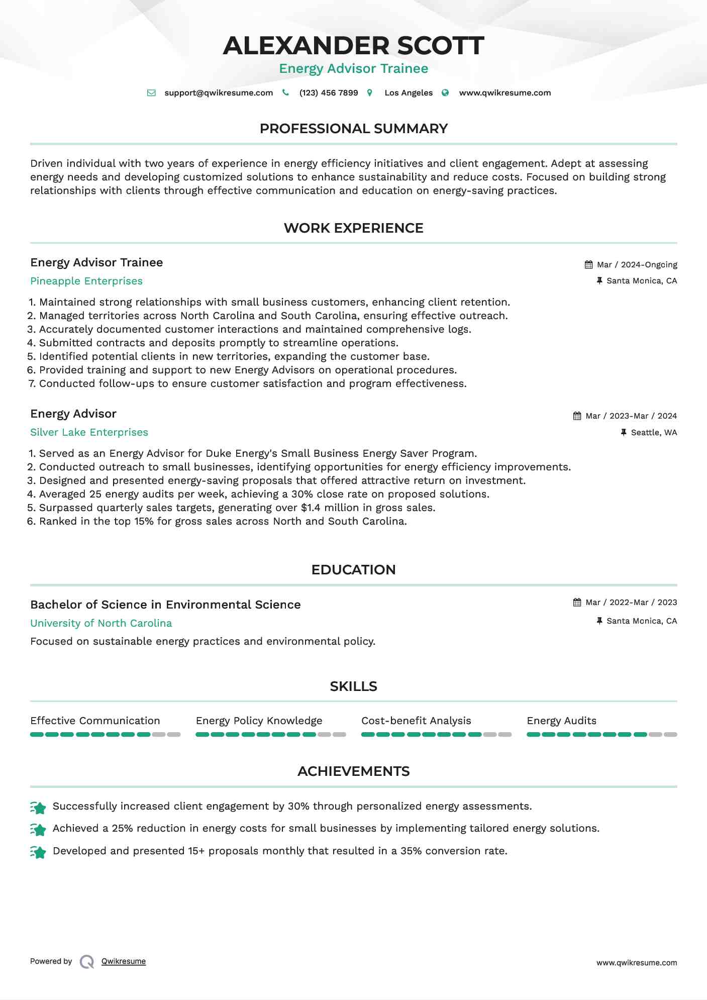 Energy Advisor Trainee Resume Sample
