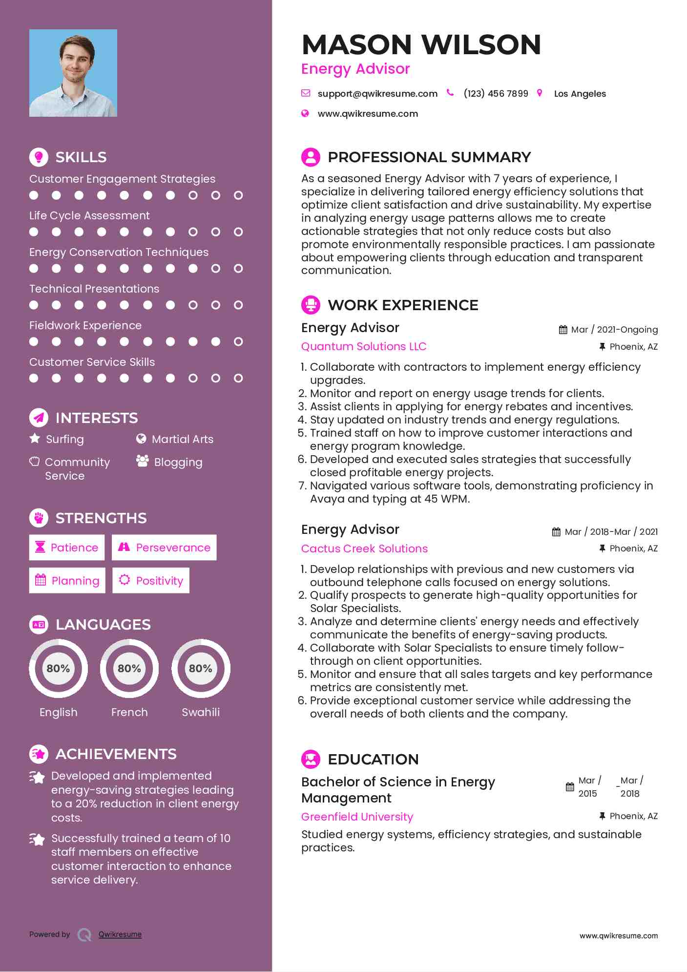 Energy Advisor Resume Sample