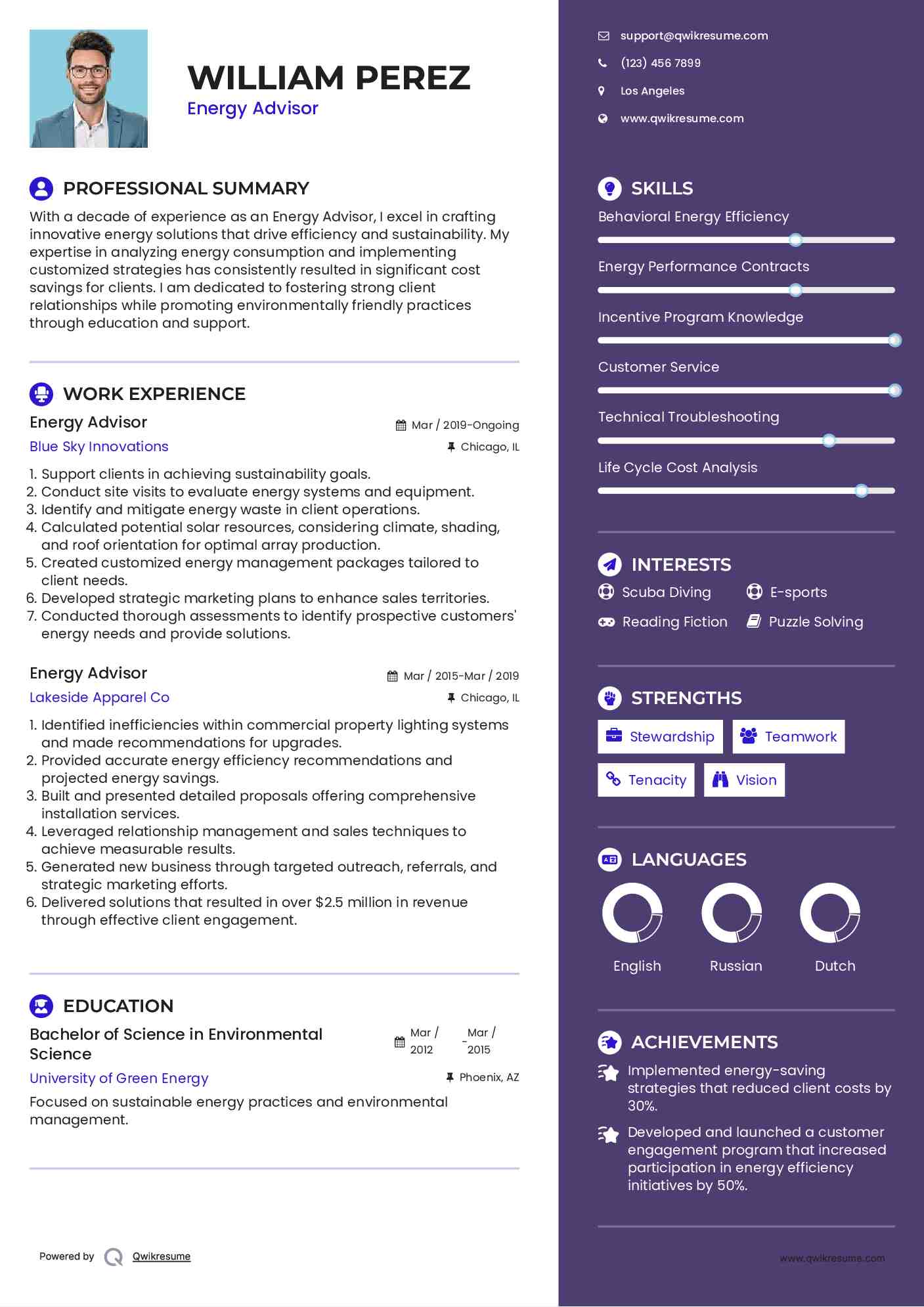 Energy Advisor Resume Model