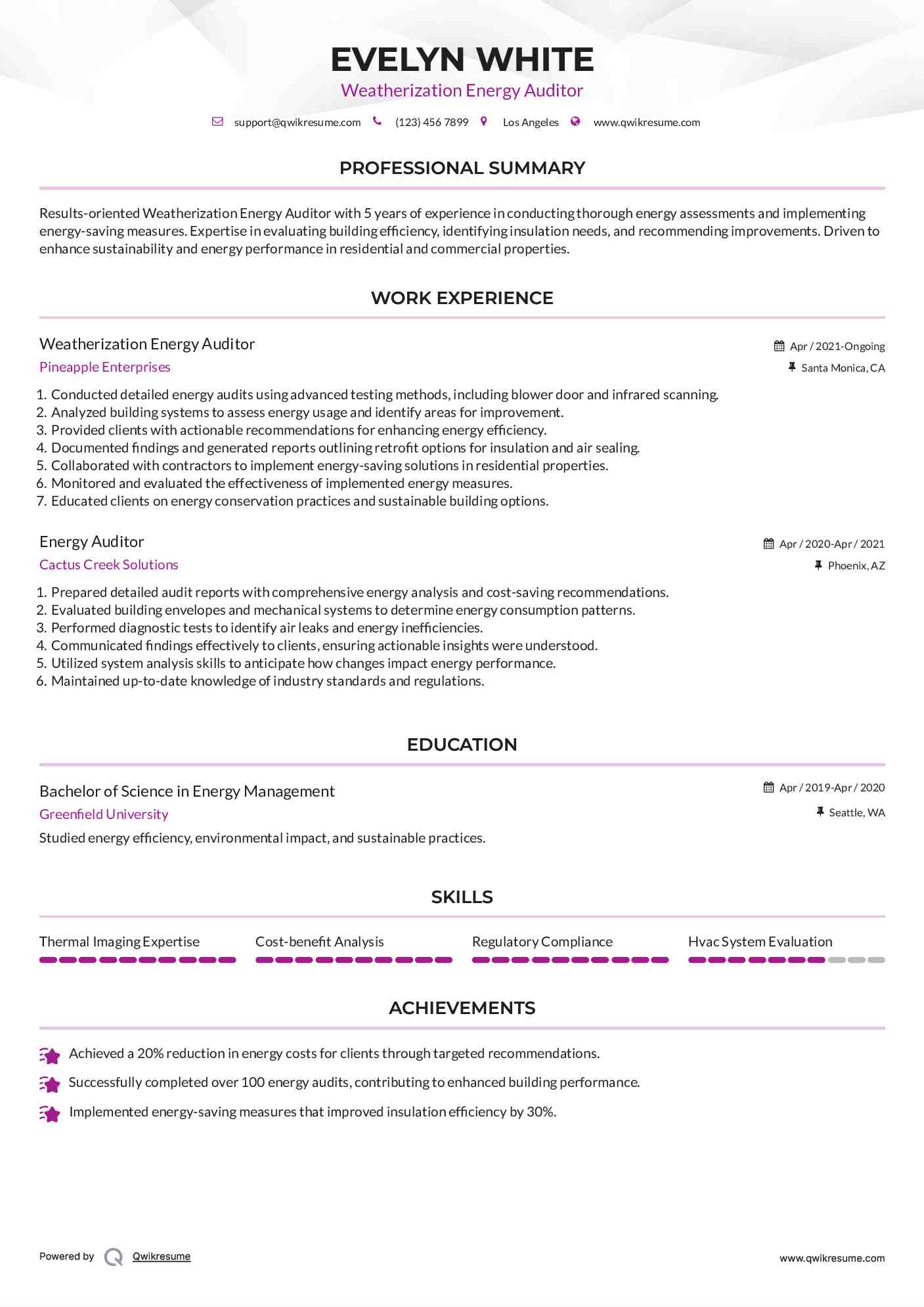 Weatherization Energy Auditor
 Resume Format