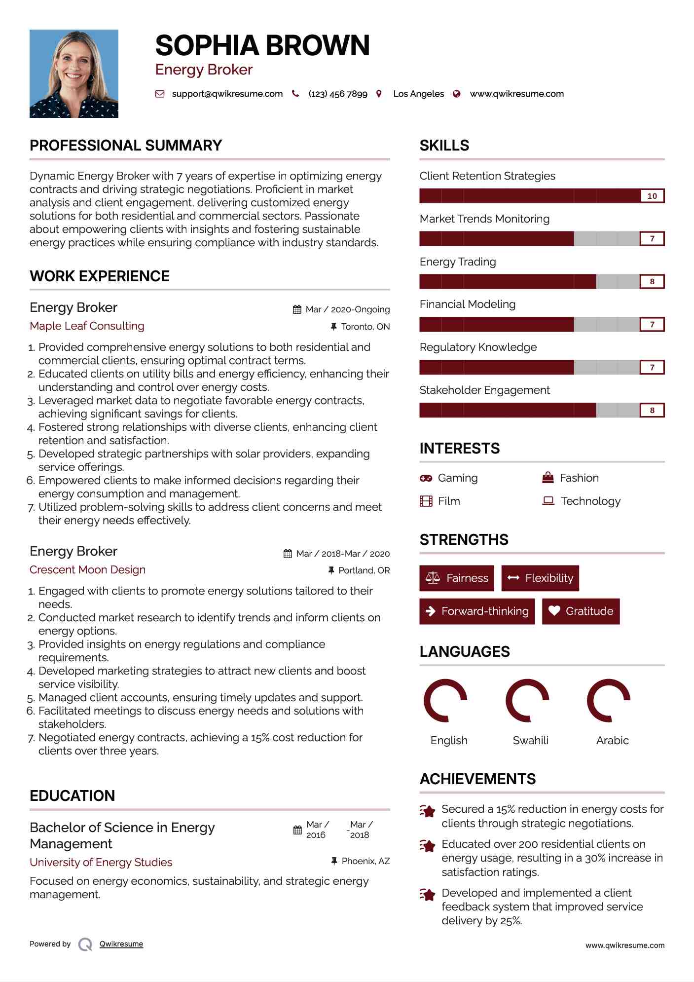 Energy Broker Resume Model