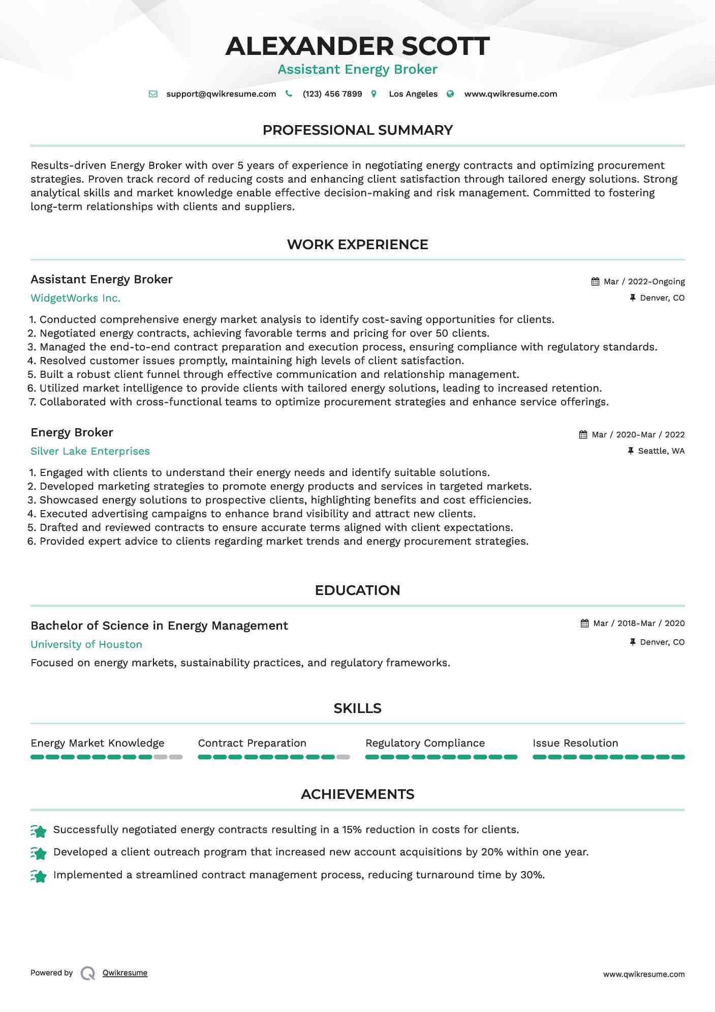 Assistant Energy Broker Resume Sample