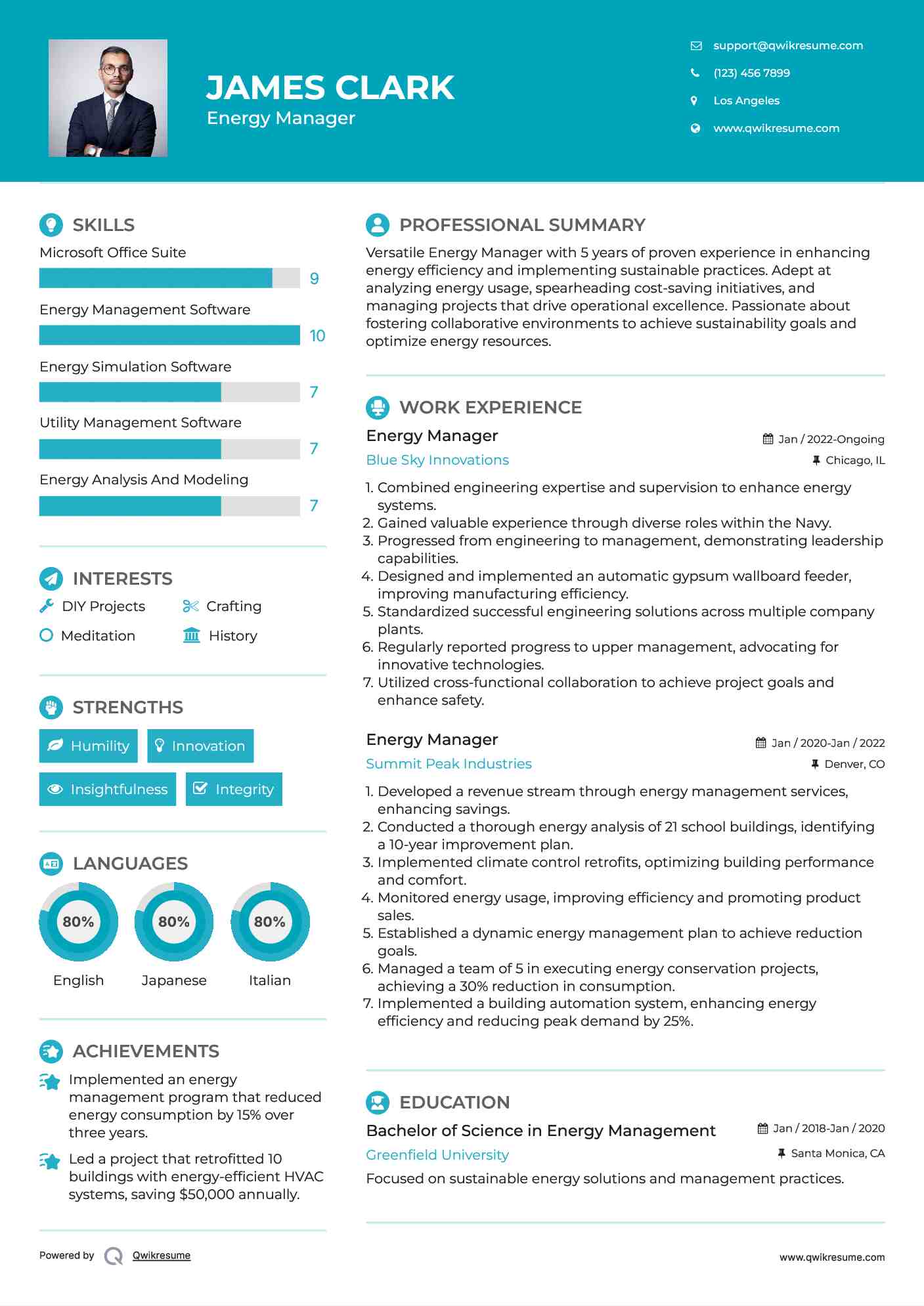 Energy Manager Resume Model