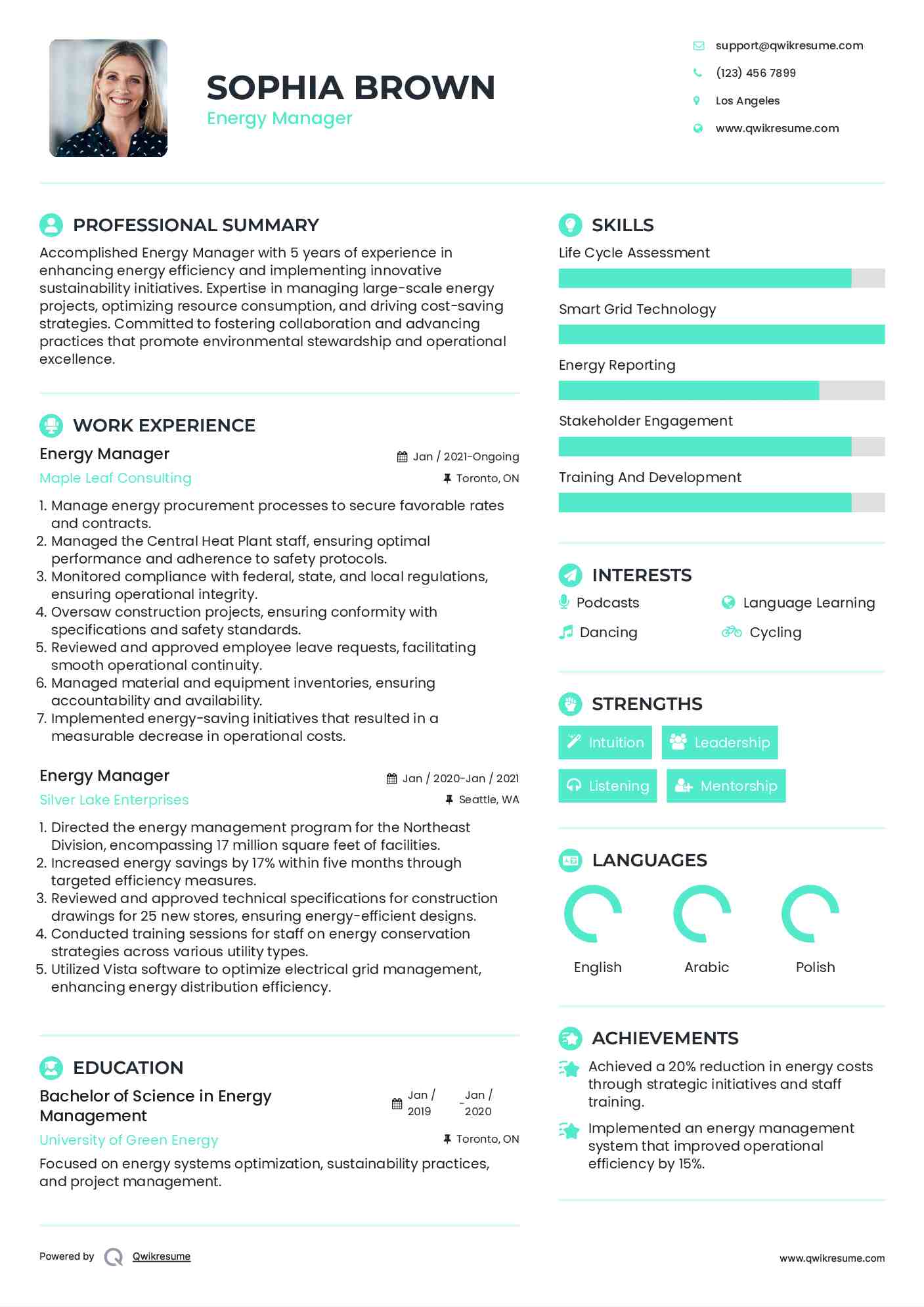 Energy Manager Resume Model