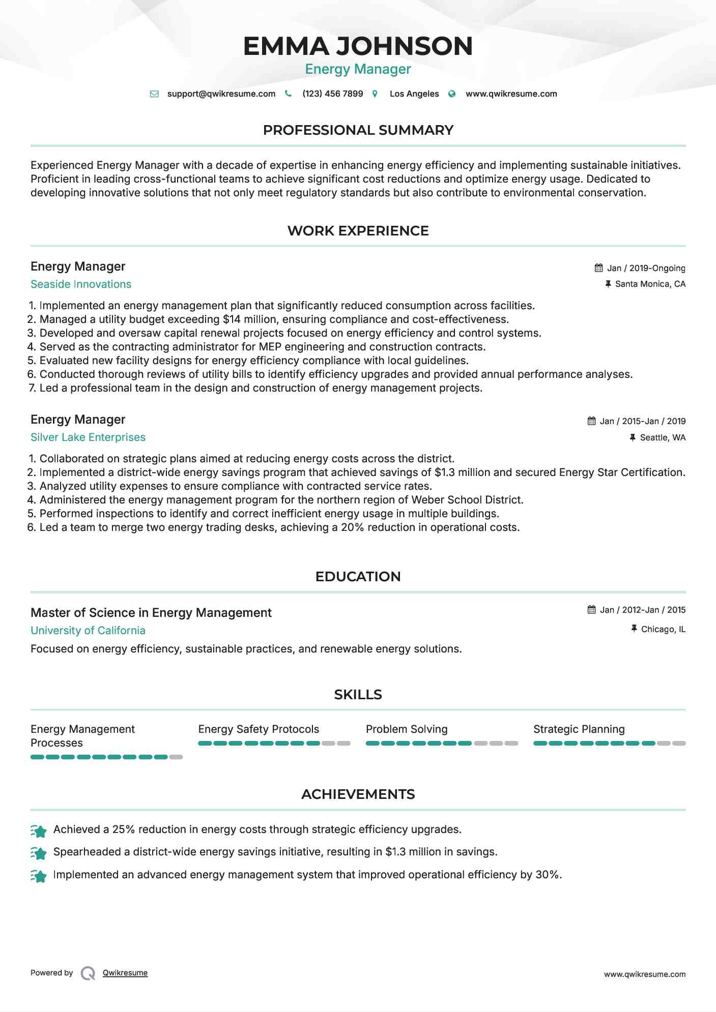 Energy Manager Resume Sample