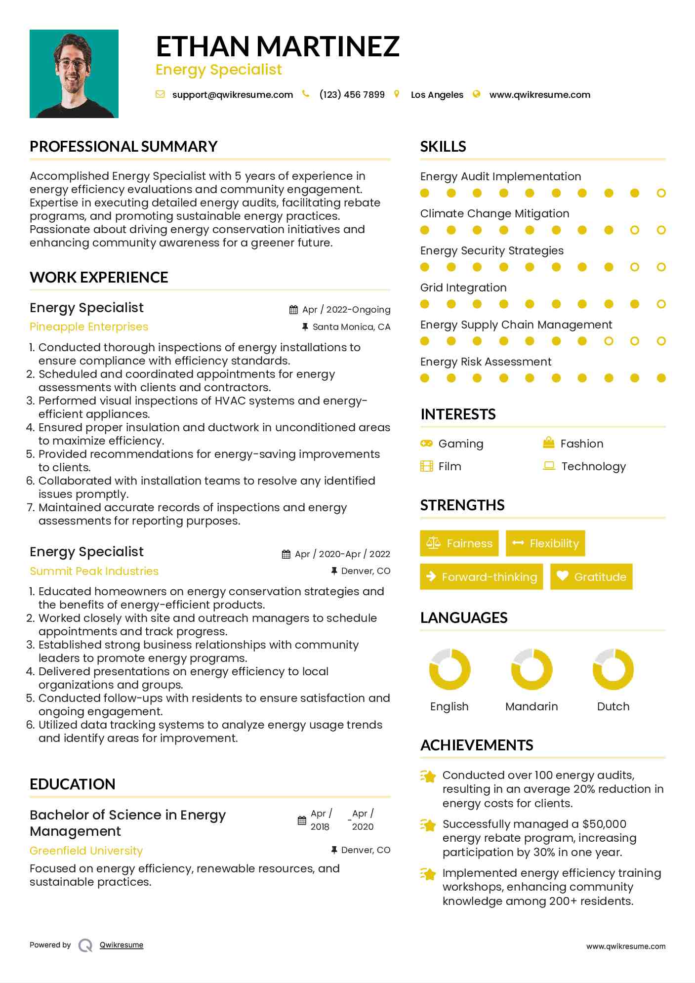 Energy Specialist Resume Model