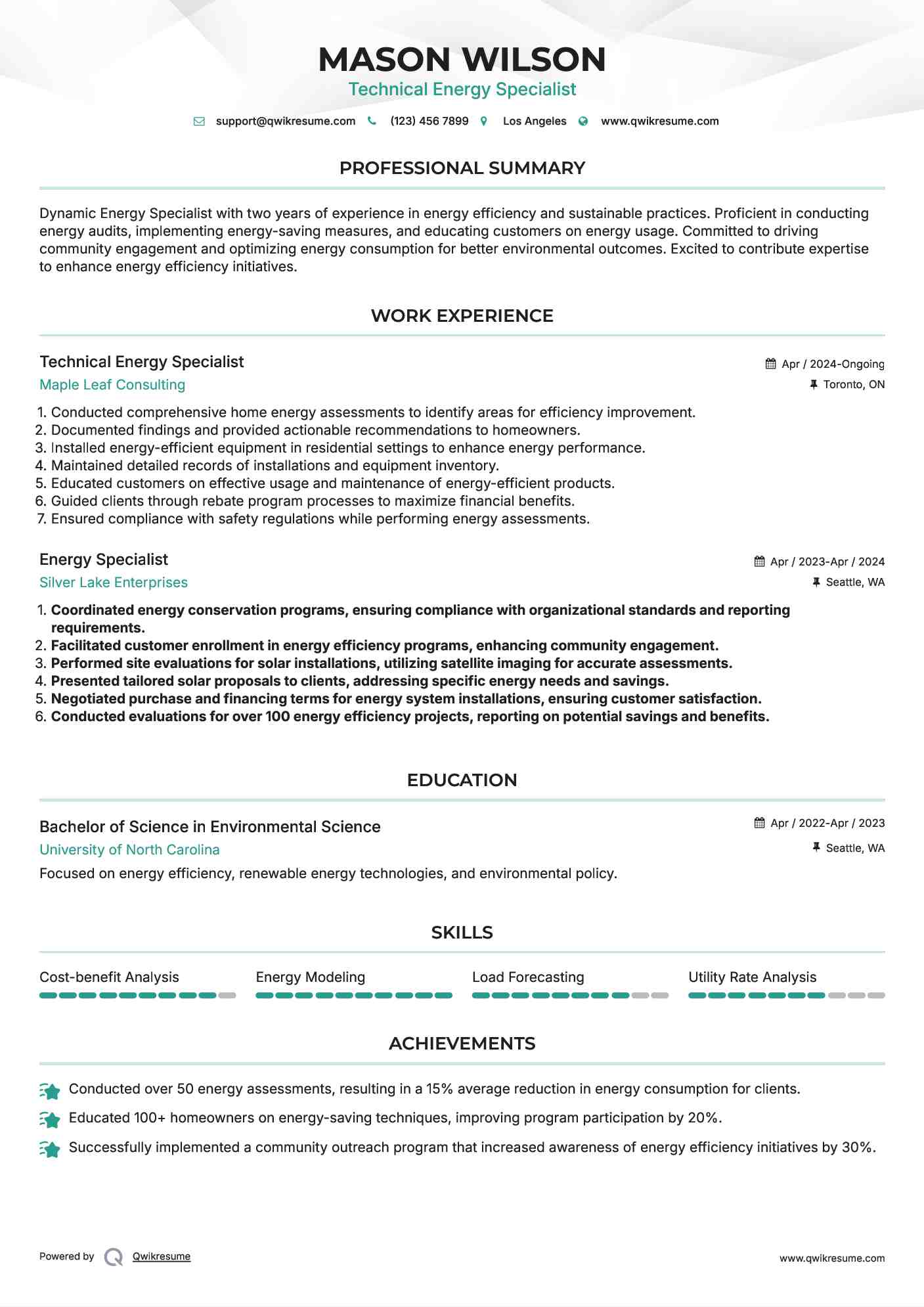 Technical Energy Specialist Resume Format