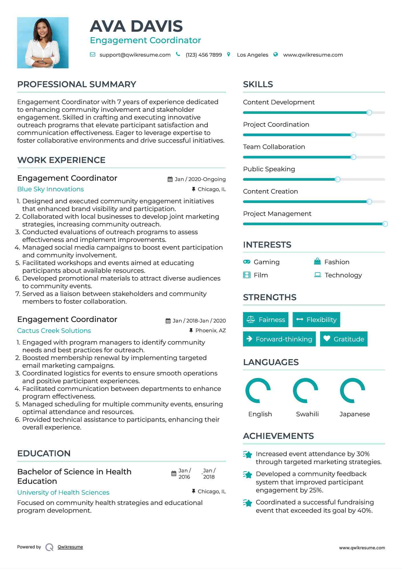 Engagement Coordinator Resume Example
