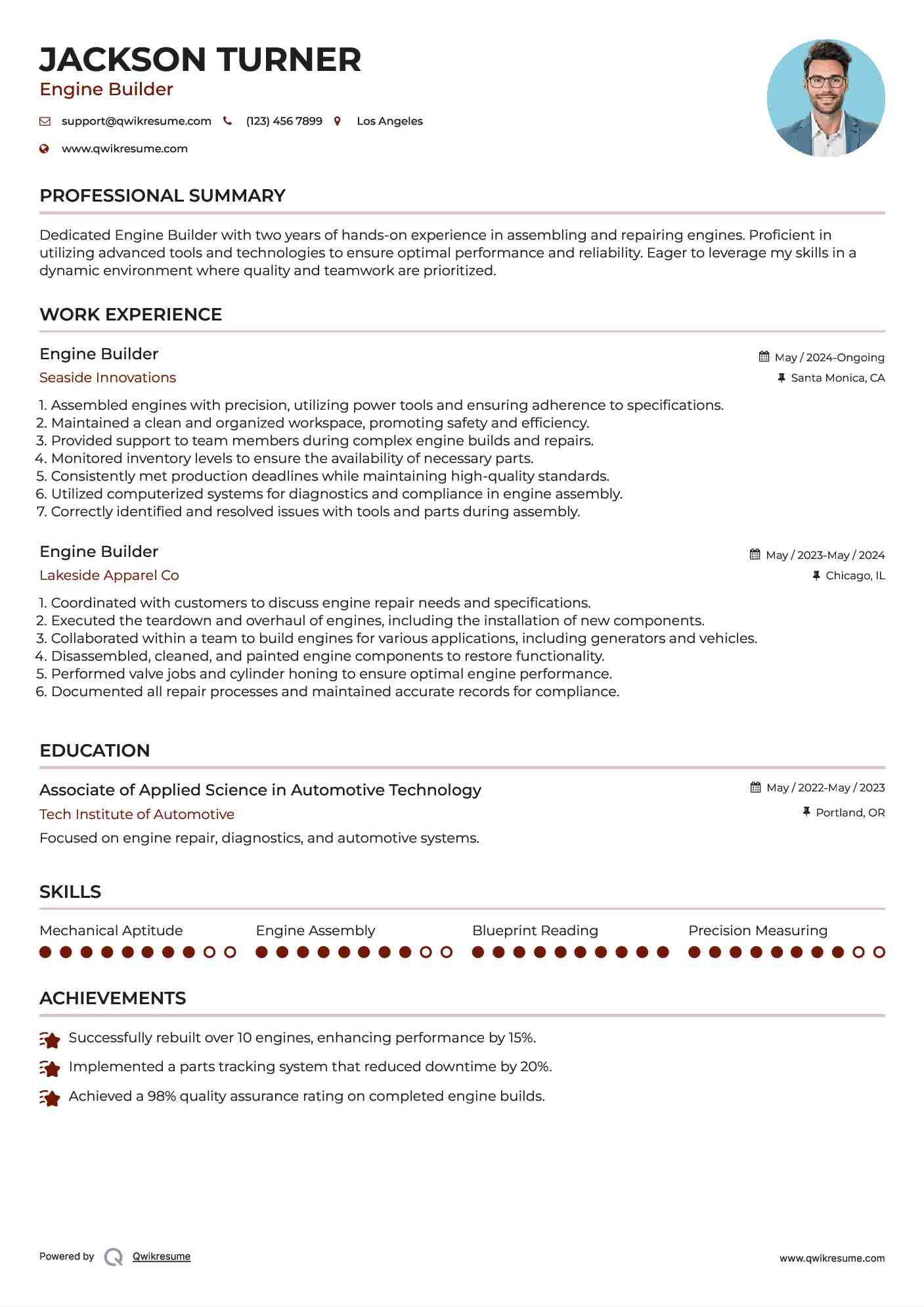 Engine Builder Resume Sample