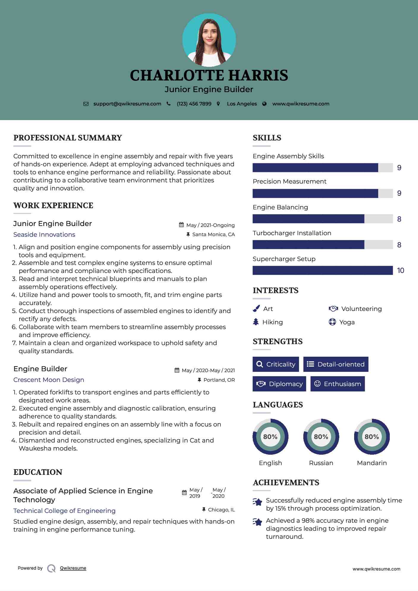 Junior Engine Builder Resume Template