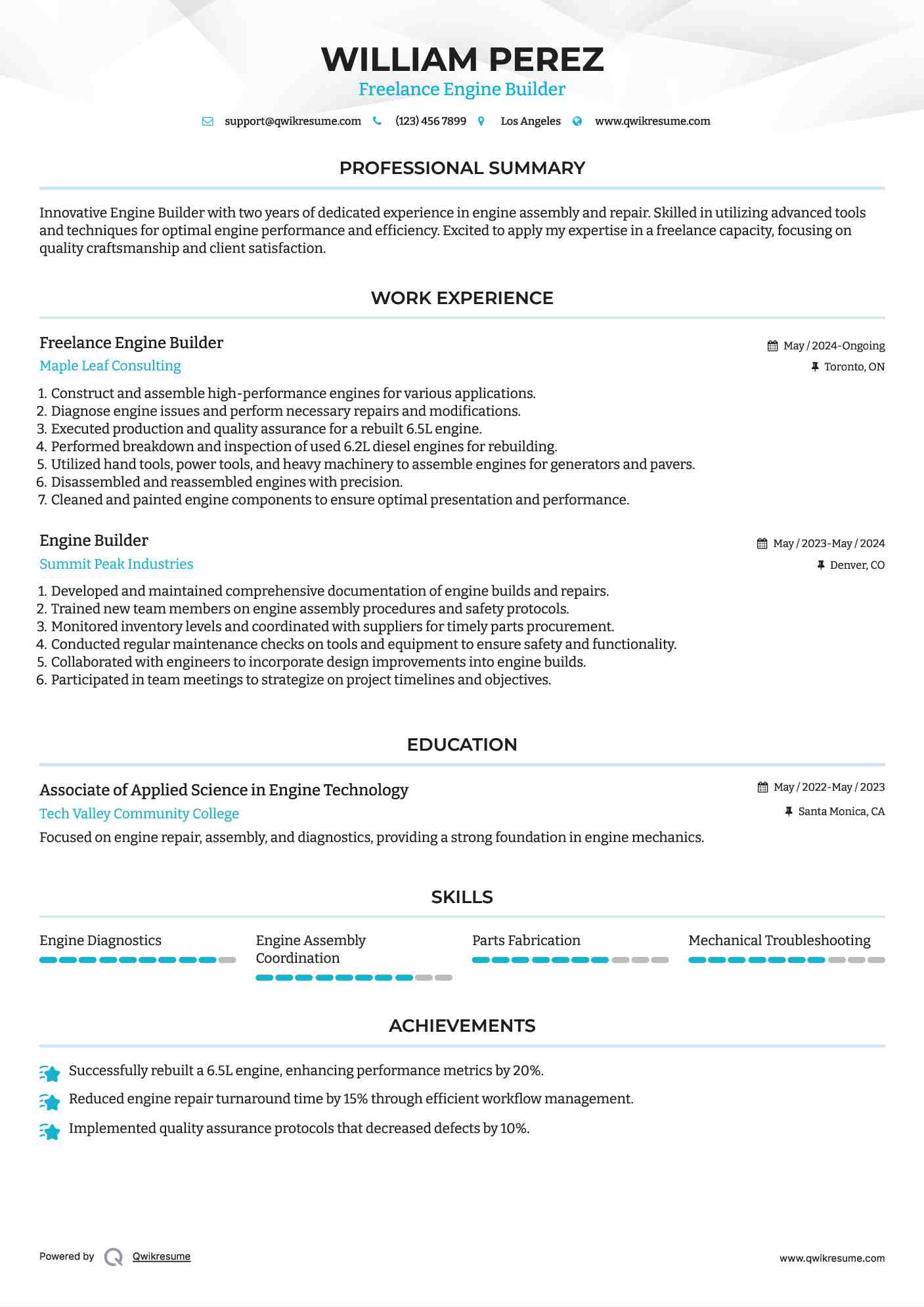 Freelance Engine Builder Resume Example