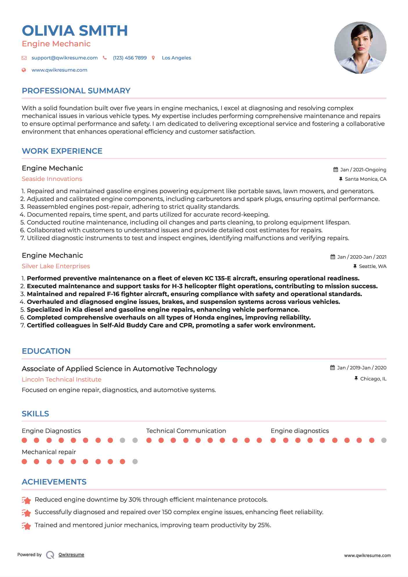 Engine Mechanic Resume Example