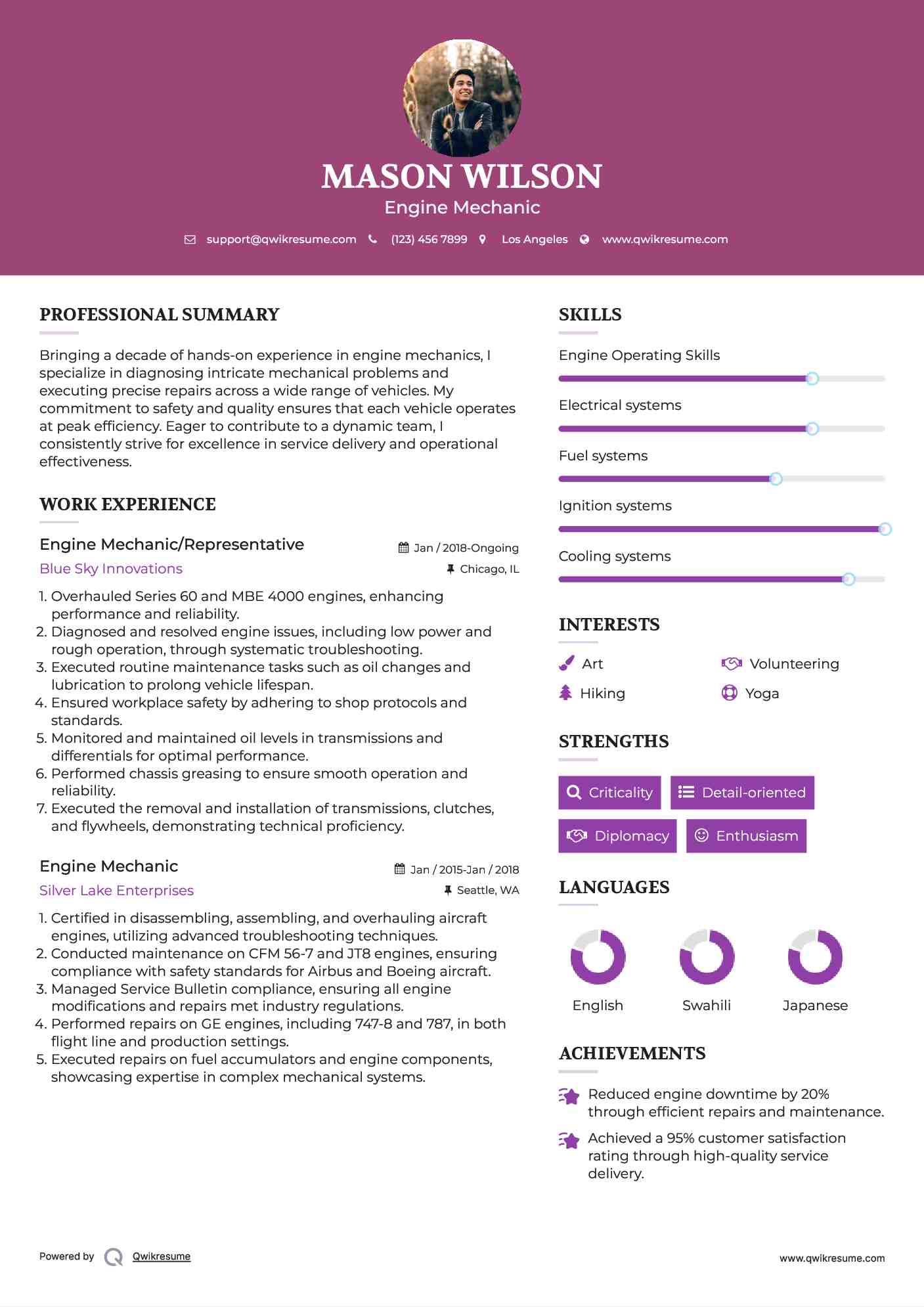 Engine Mechanic/Representative Resume Template