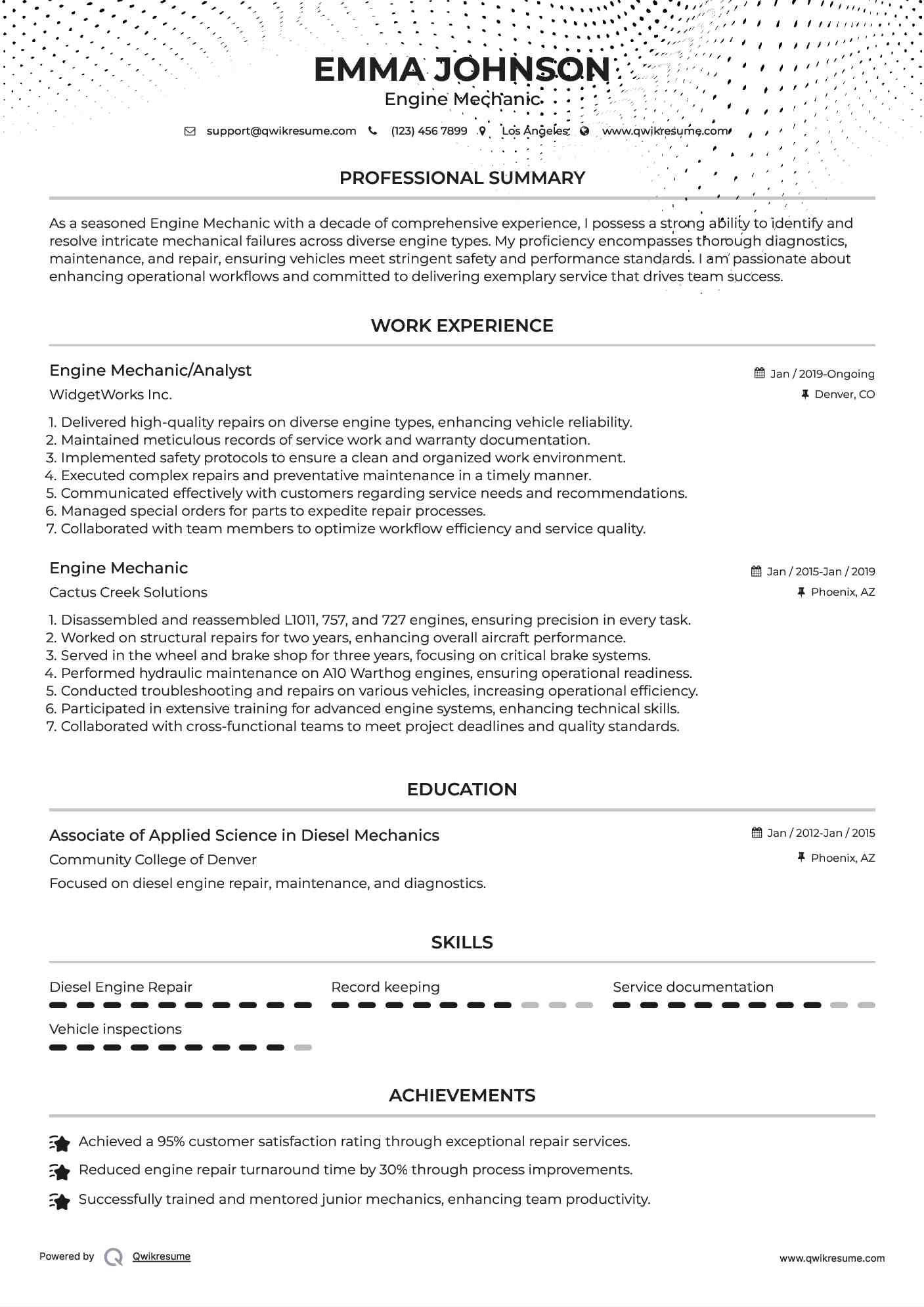 Engine Mechanic/Analyst Resume Example
