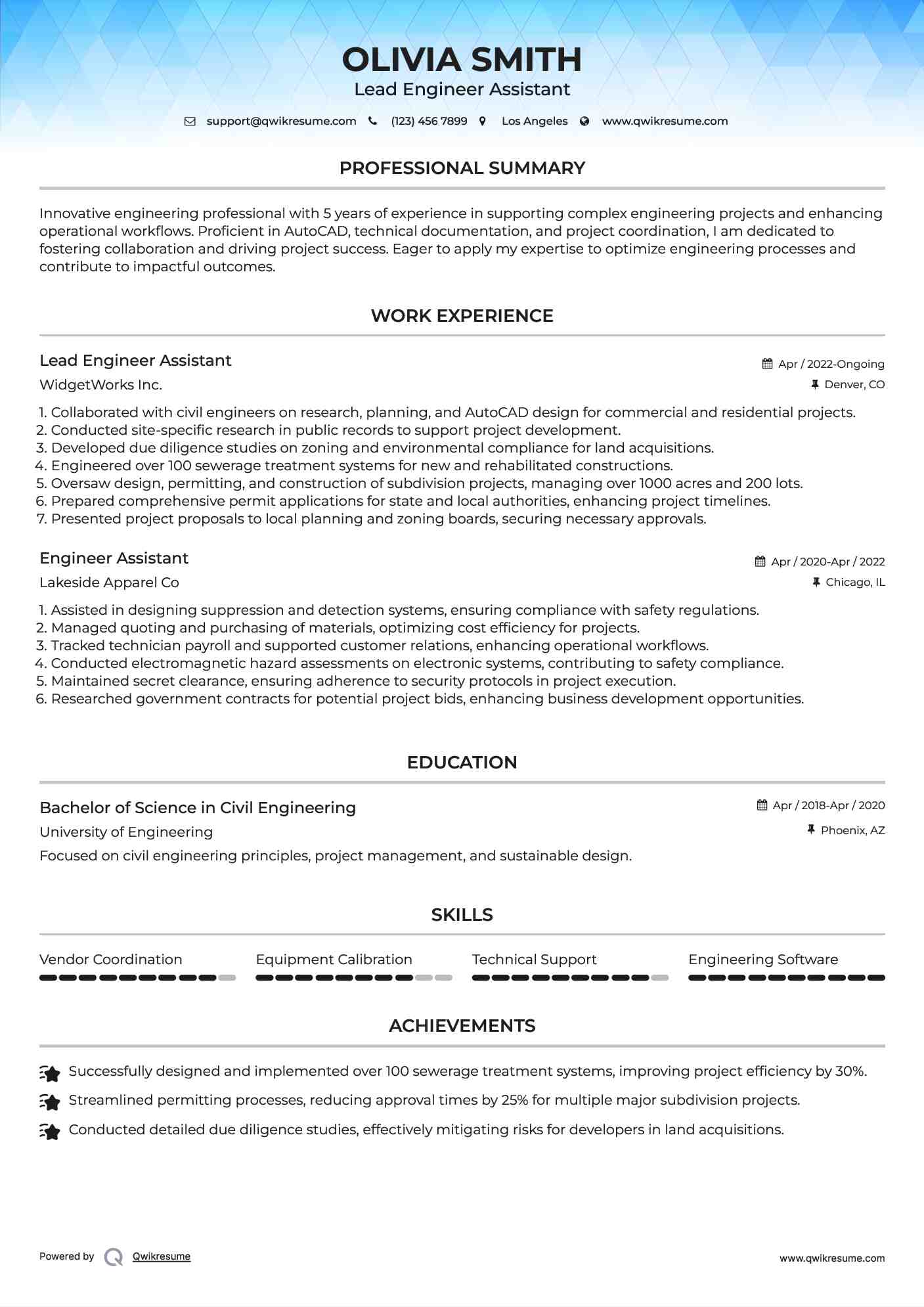 Lead Engineer Assistant Resume Sample