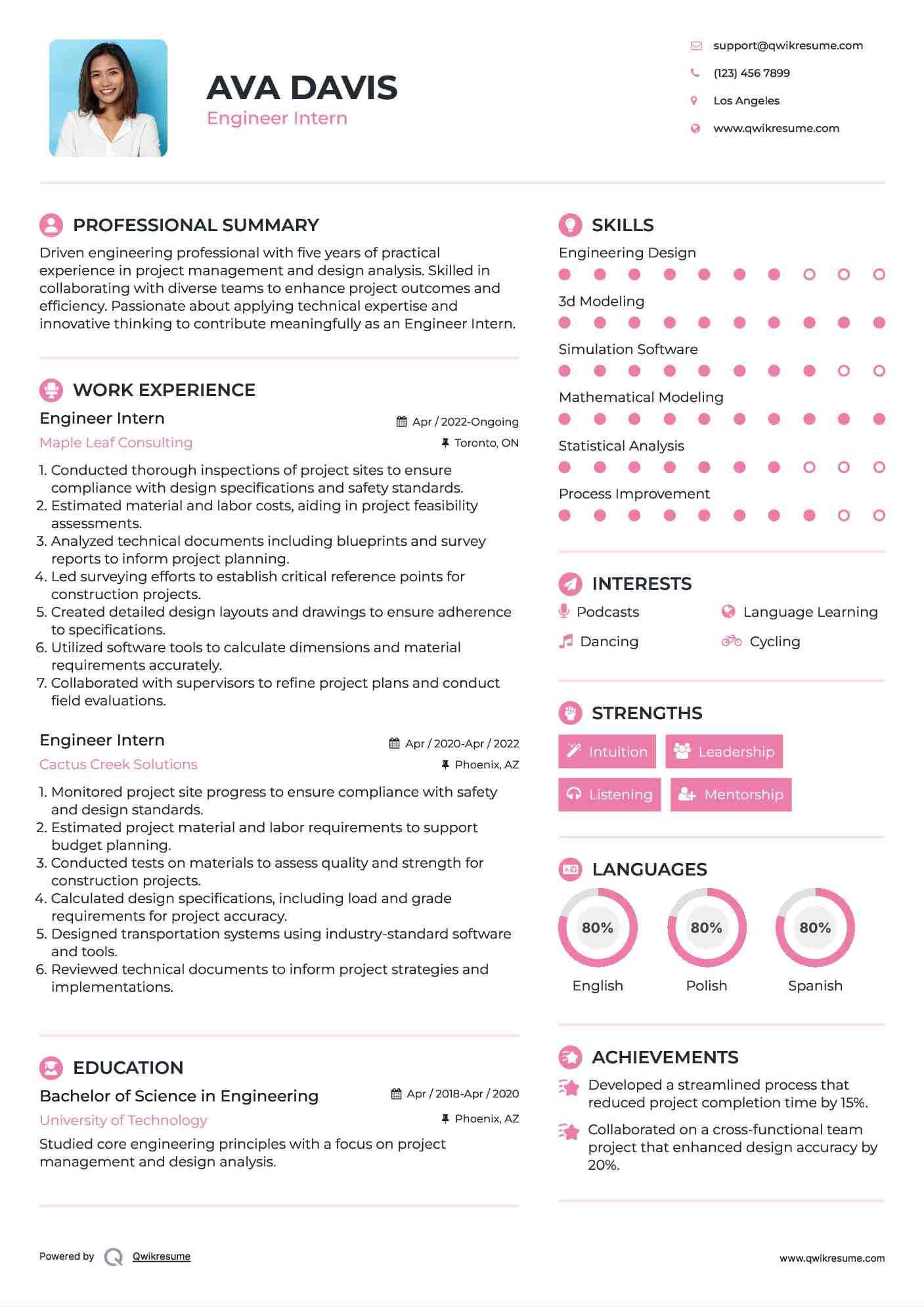 Engineer Intern Resume Samples QwikResume