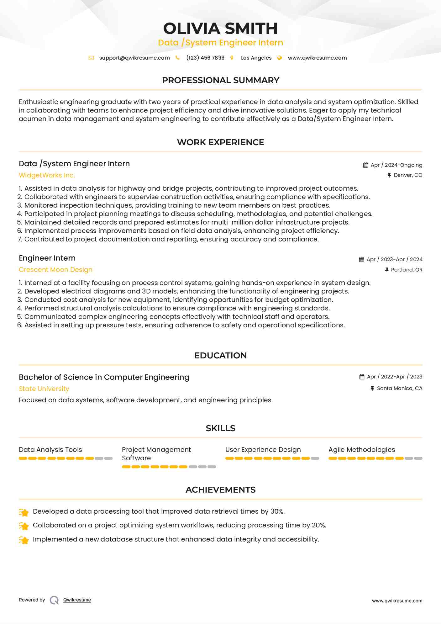 Data /System Engineer Intern Resume Format