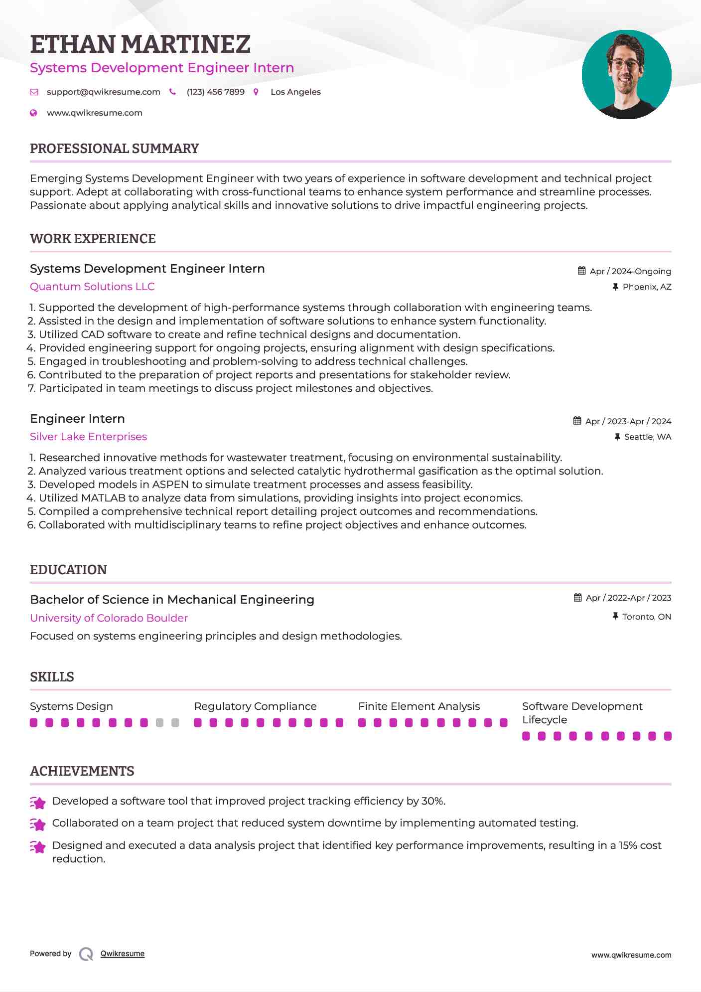 Systems Development Engineer Intern Resume Model