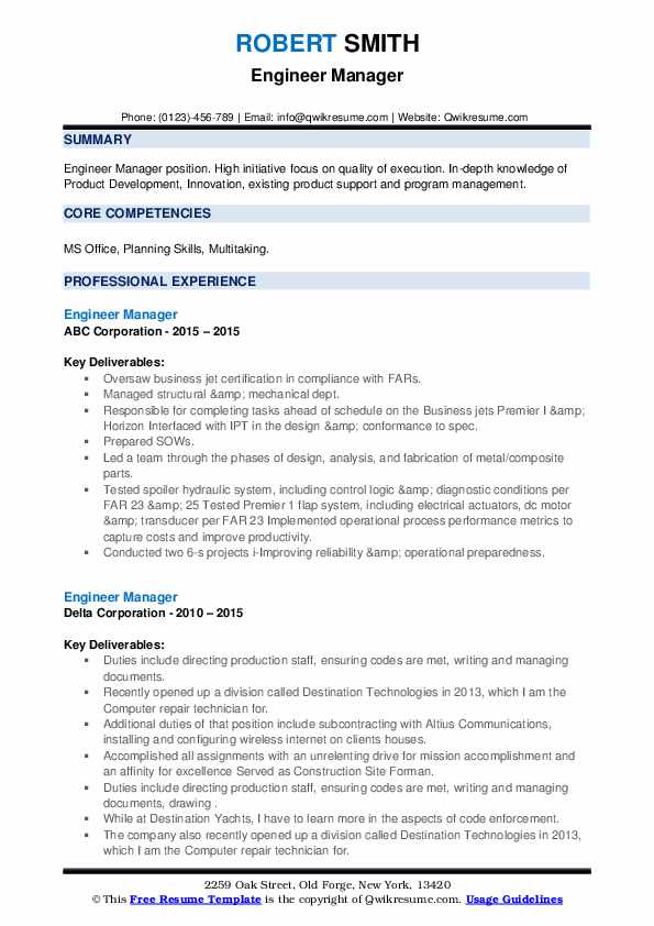 Engineer Manager Resume Samples - Engineer Manager 1610707494 Pdf 